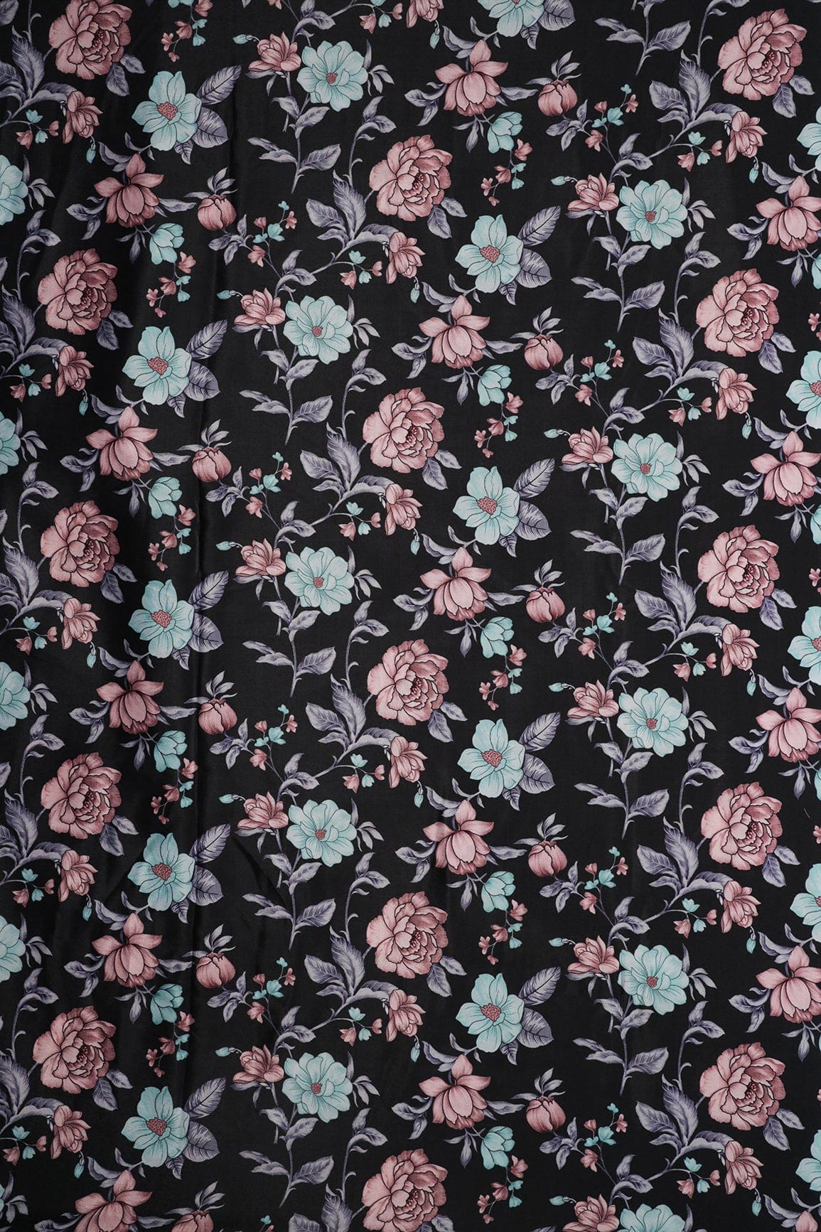 Teal And Brown Floral Pattern Digital Print On Black Crepe Fabric - doeraa