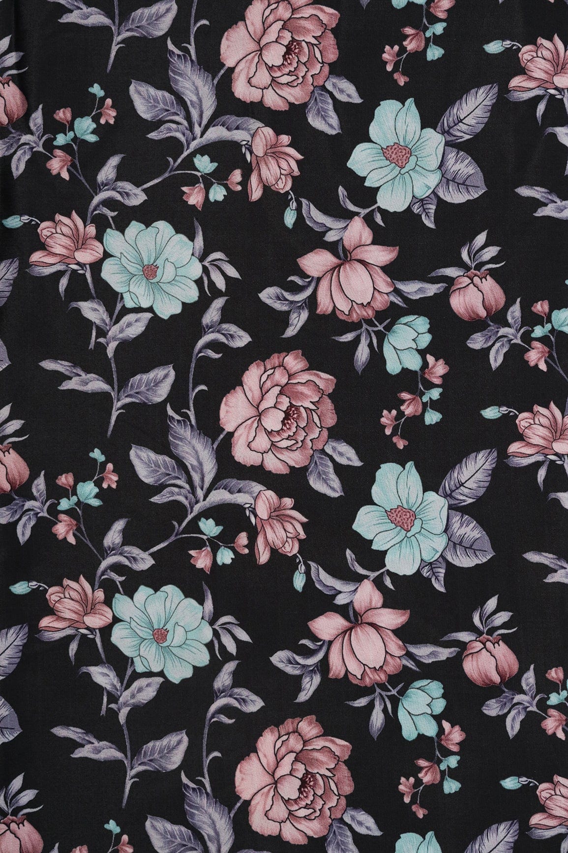 Teal And Brown Floral Pattern Digital Print On Black Crepe Fabric - doeraa