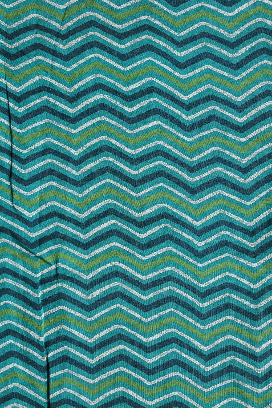 Teal And Cream Chevron Print On Viscose Chanderi Silk Fabric - doeraa