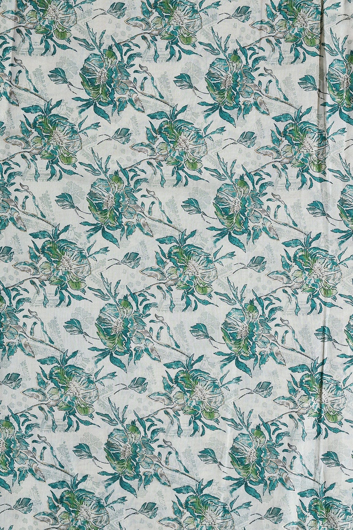 Teal And Cream Floral Foil Print On Viscose Chanderi Silk Fabric - doeraa