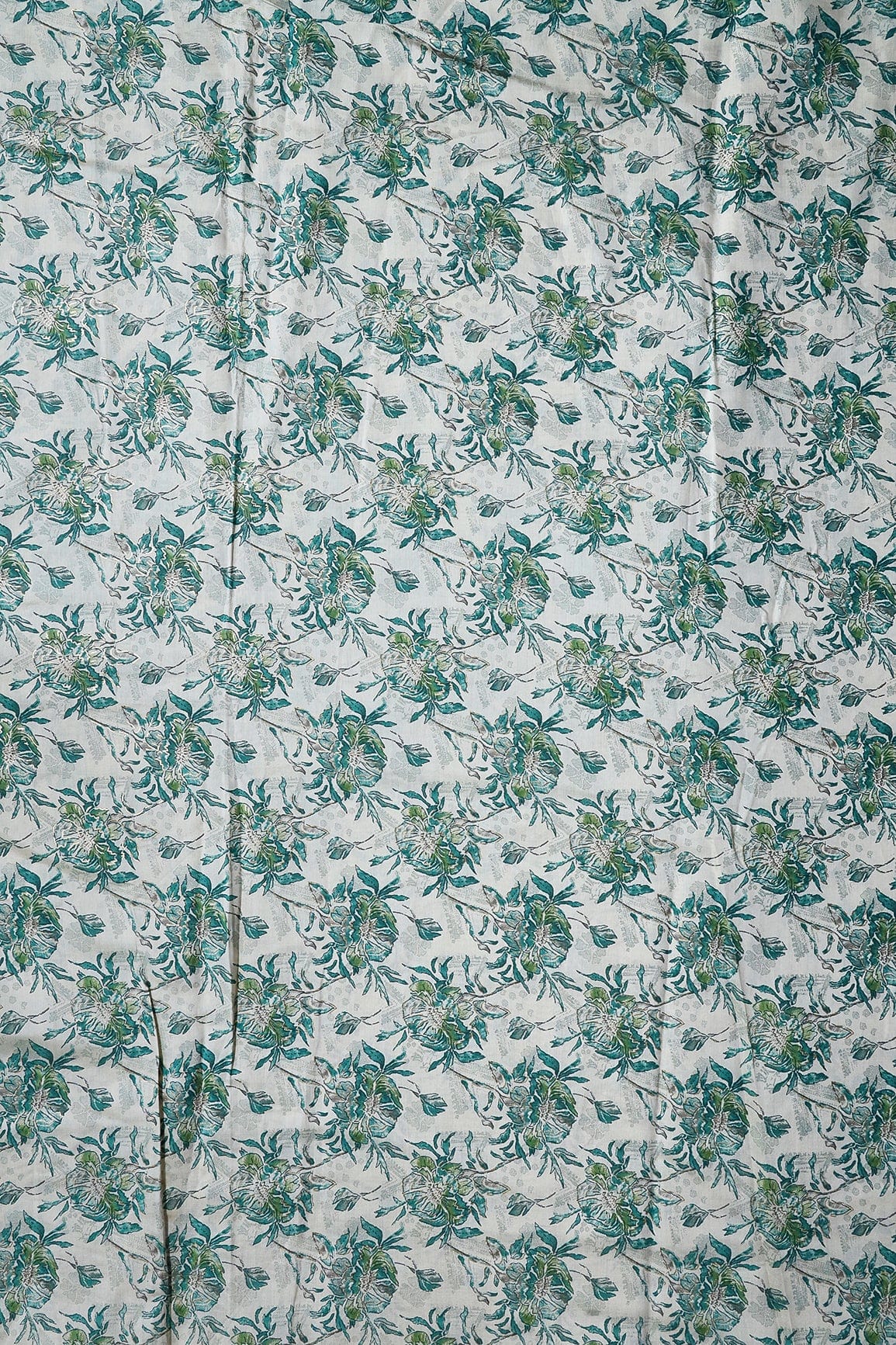 Teal And Cream Floral Foil Print On Viscose Chanderi Silk Fabric - doeraa