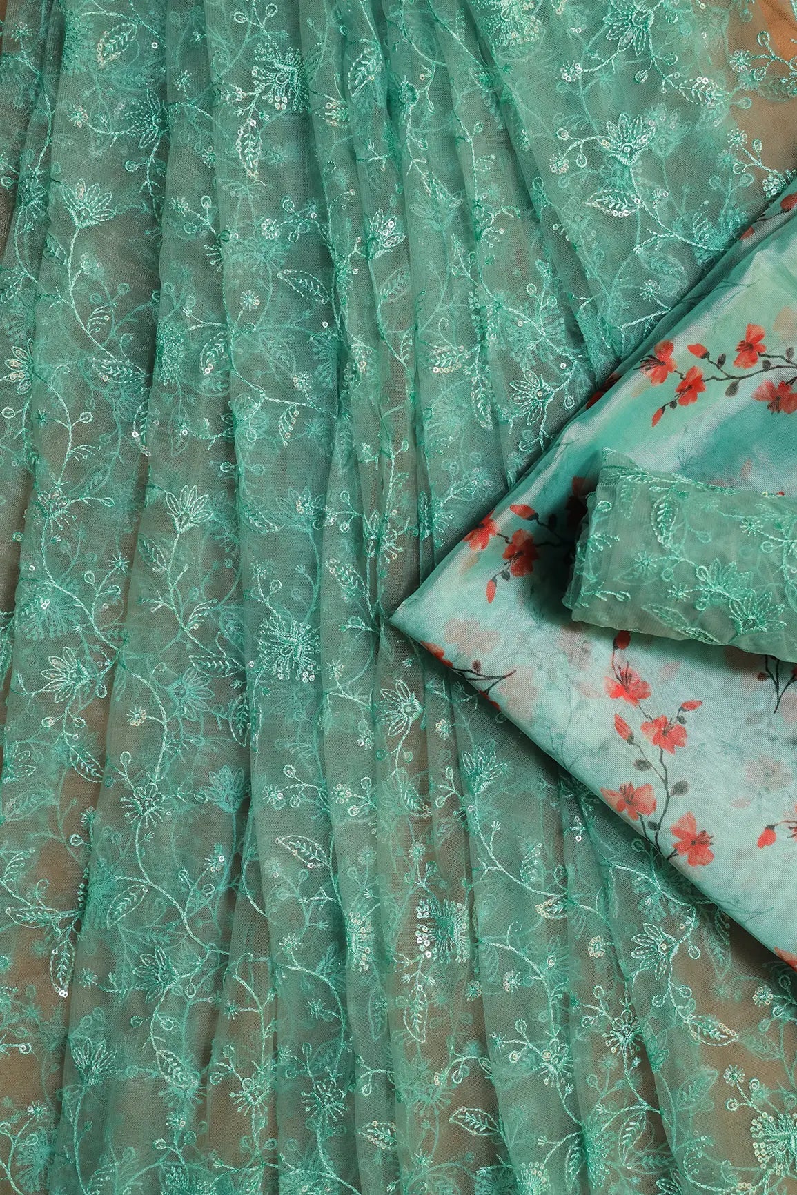 Teal And Sky Unstitched Lehenga Set Fabric (3 Piece) - doeraa