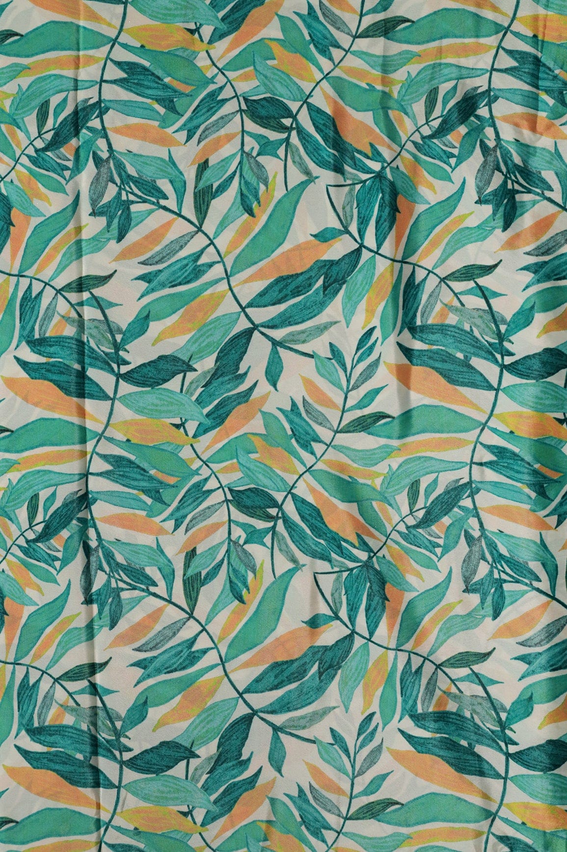 Teal And Yellow Leafy Pattern Digital Print On White Crepe Fabric - doeraa