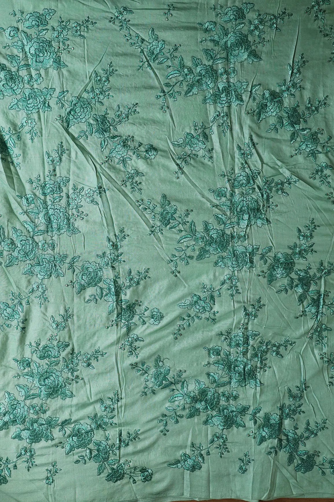 Teal Color Thread With Gold Sequins Floral Embroidery On Olive Pure Bamboo Silk Fabric - doeraa