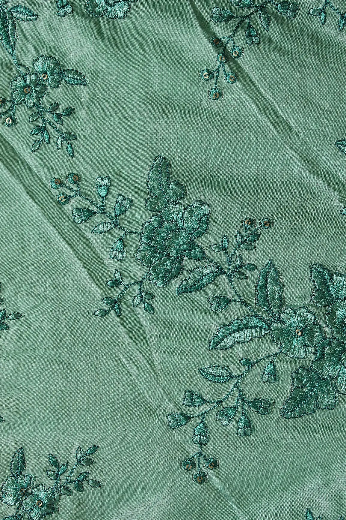 Teal Color Thread With Gold Sequins Floral Embroidery On Olive Pure Bamboo Silk Fabric - doeraa