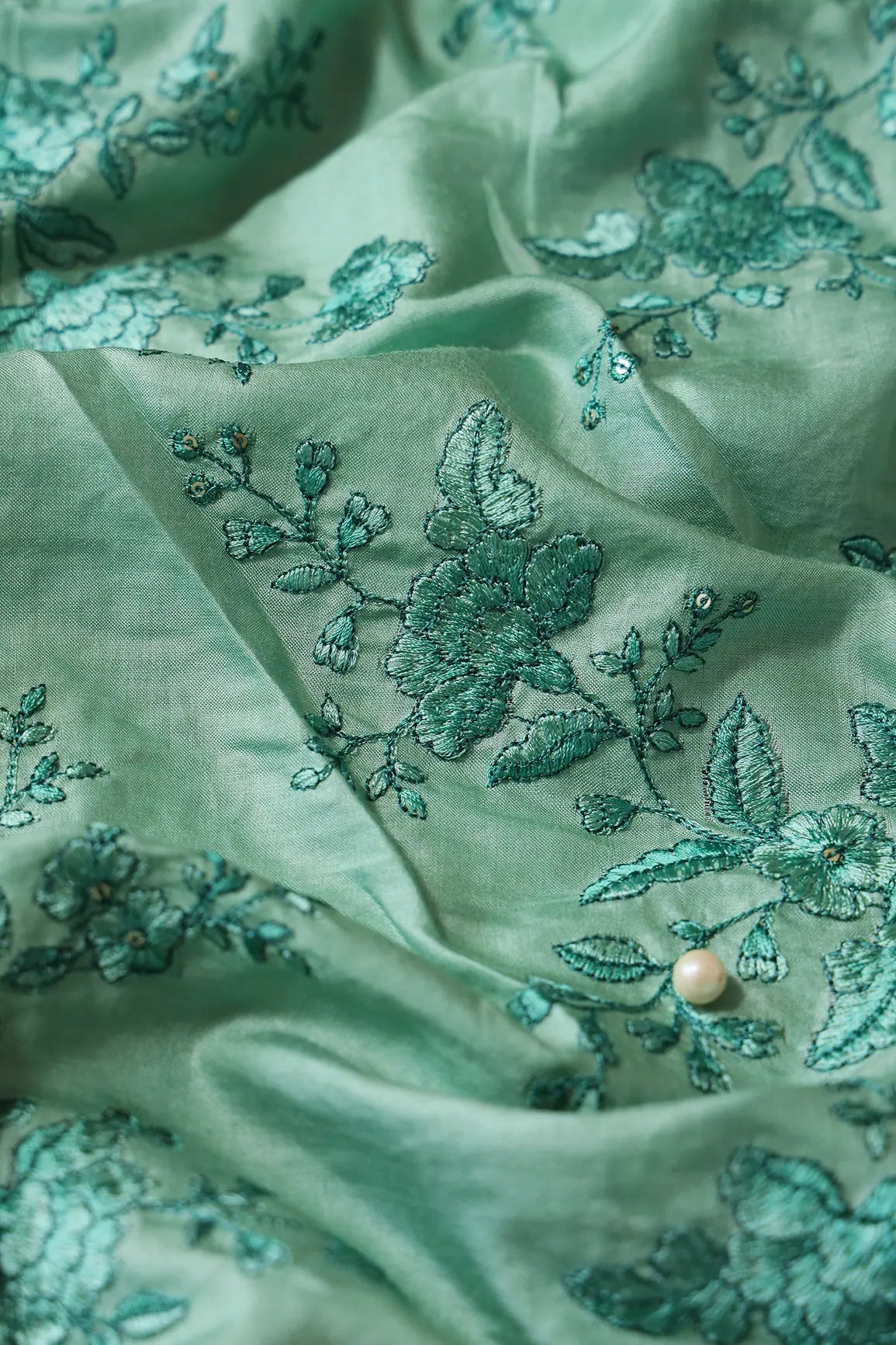 Teal Color Thread With Gold Sequins Floral Embroidery On Olive Pure Bamboo Silk Fabric - doeraa