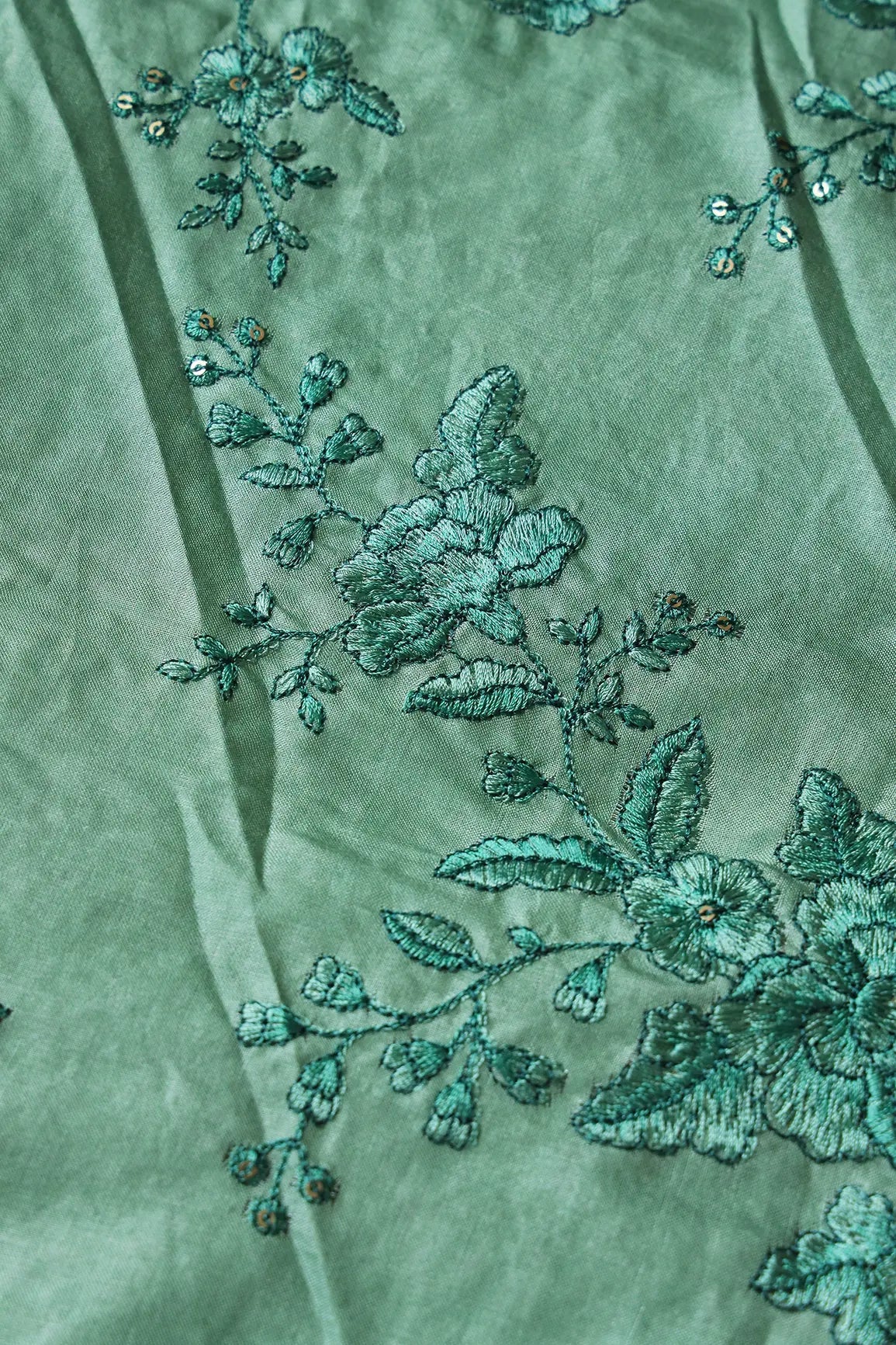 Teal Color Thread With Gold Sequins Floral Embroidery On Olive Pure Bamboo Silk Fabric - doeraa