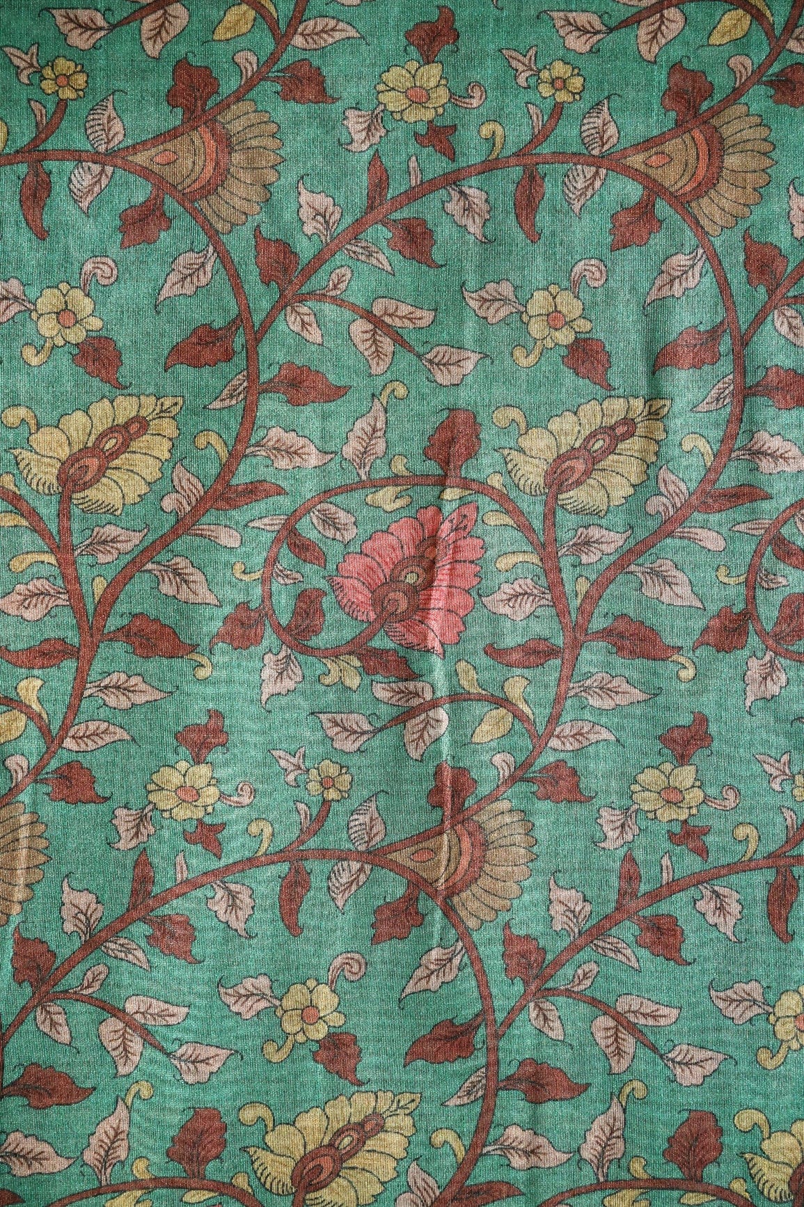 Teal Floral Pattern Digital Print On Mulberry Silk Fabric - doeraa