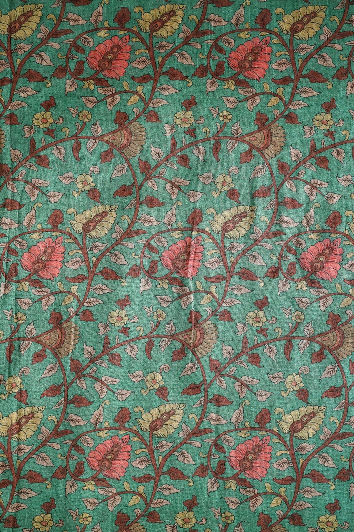 Teal Floral Pattern Digital Print On Mulberry Silk Fabric - doeraa