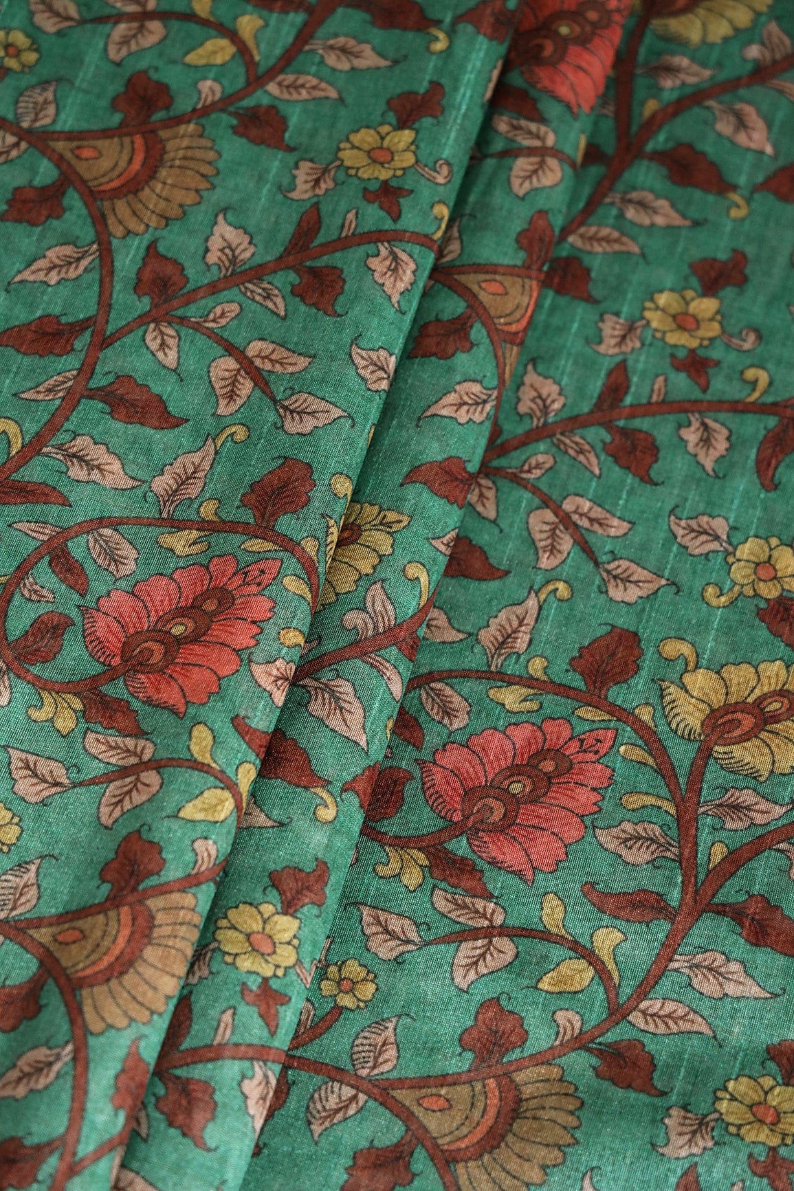 Teal Floral Pattern Digital Print On Mulberry Silk Fabric - doeraa