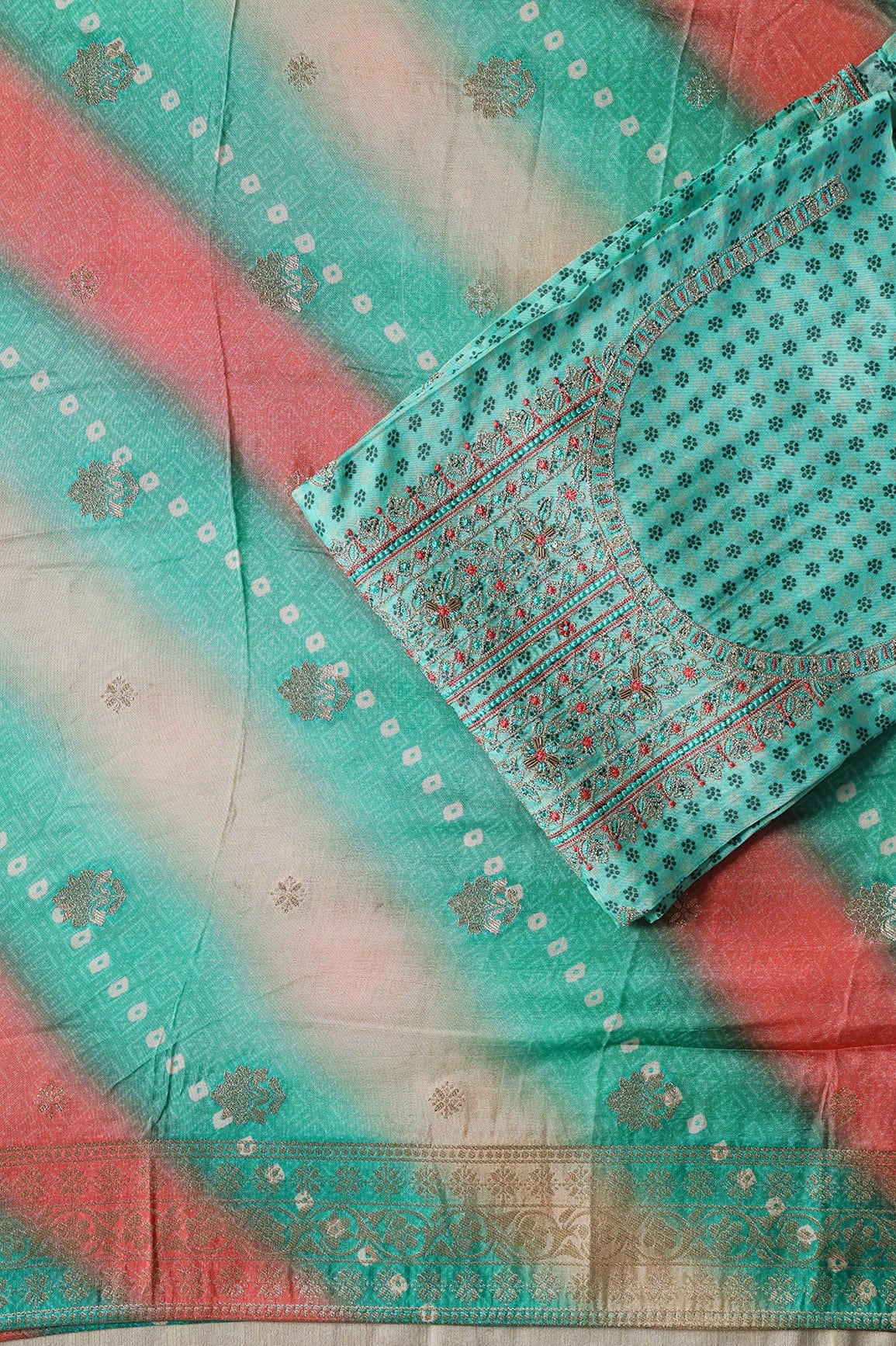 Teal Semi Stitched Pure Dola Silk Suit Set (3 piece) - doeraa