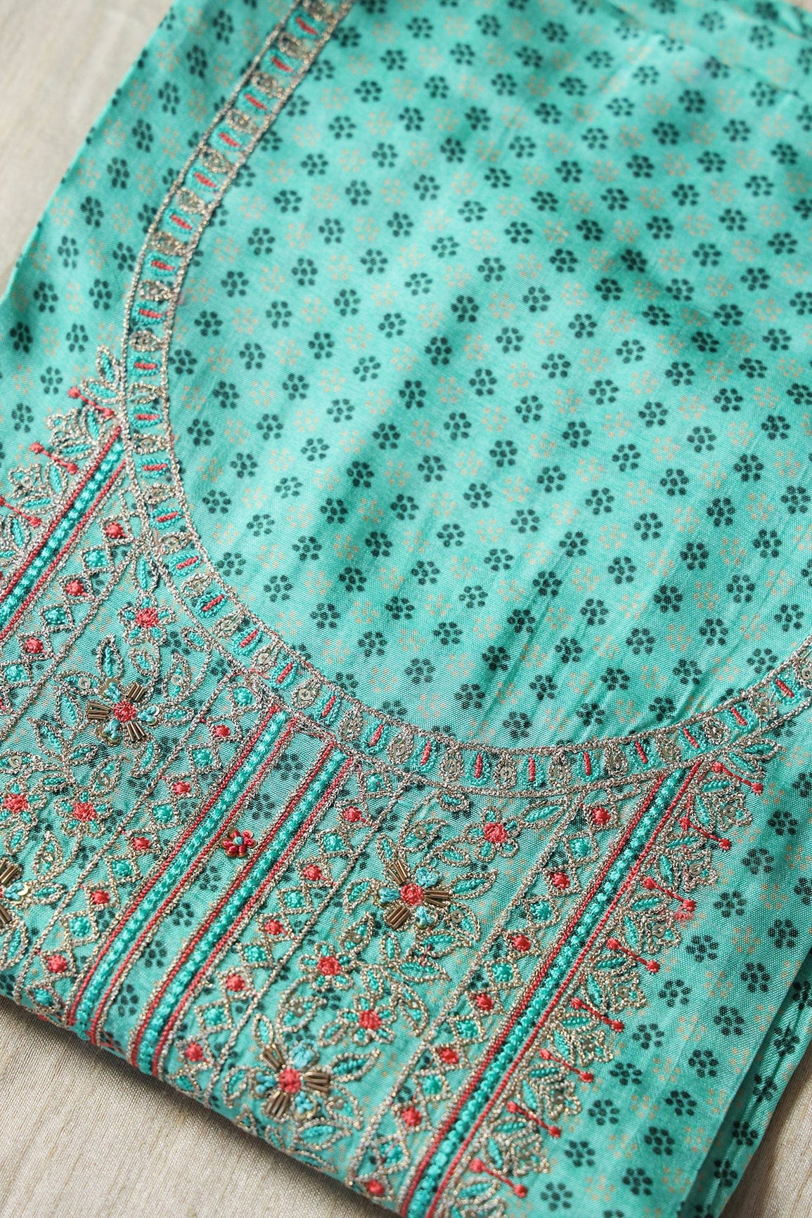 Teal Semi Stitched Pure Dola Silk Suit Set (3 piece) - doeraa