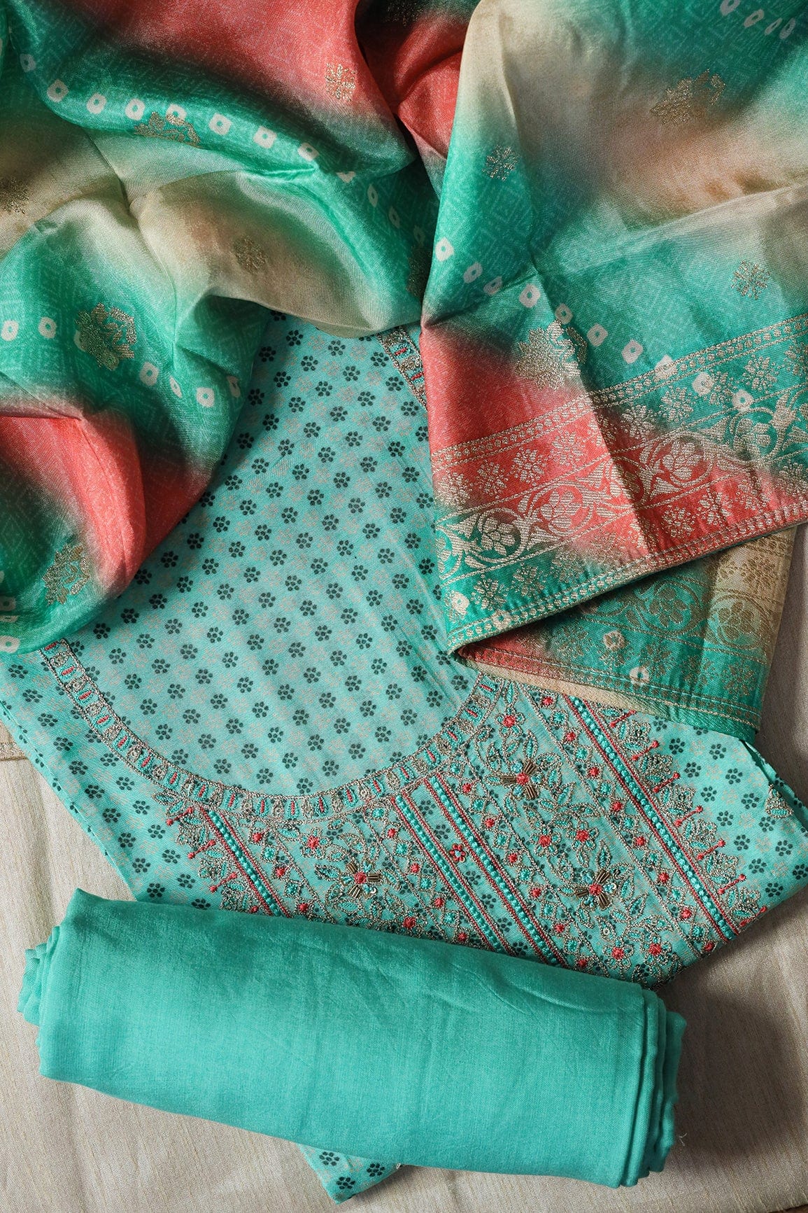 Teal Semi Stitched Pure Dola Silk Suit Set (3 piece) - doeraa
