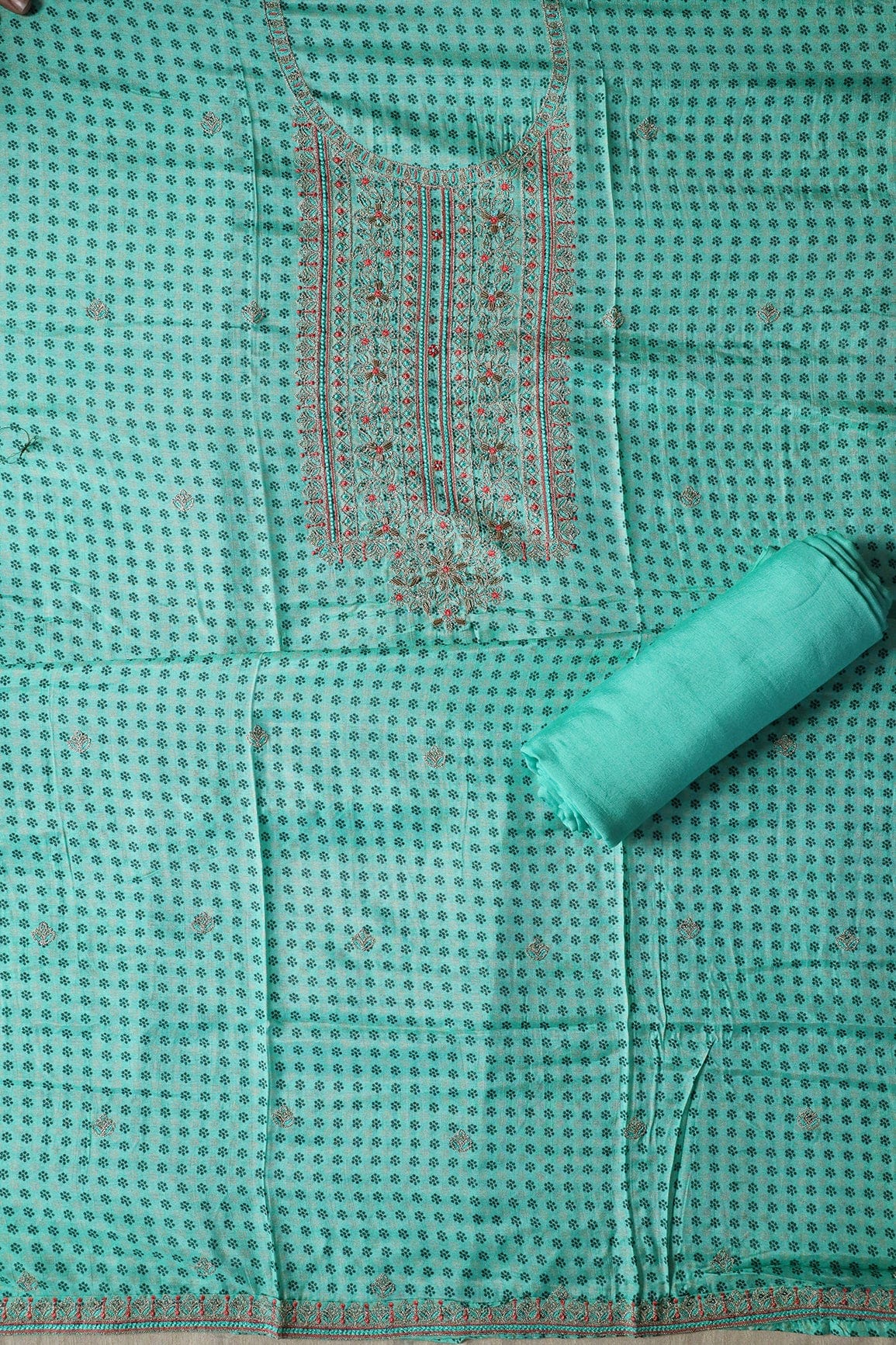 Teal Semi Stitched Pure Dola Silk Suit Set (3 piece) - doeraa