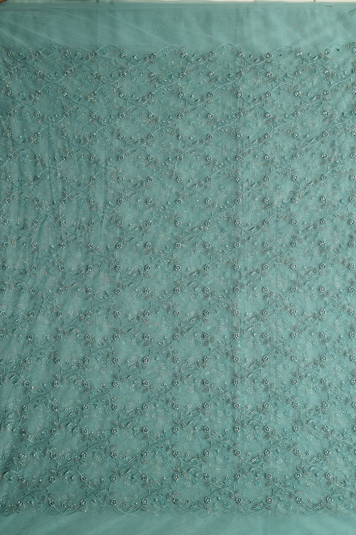 Teal Thread With Beads Floral Leafy Embroidery Work On Teal Soft Net Fabric - doeraa