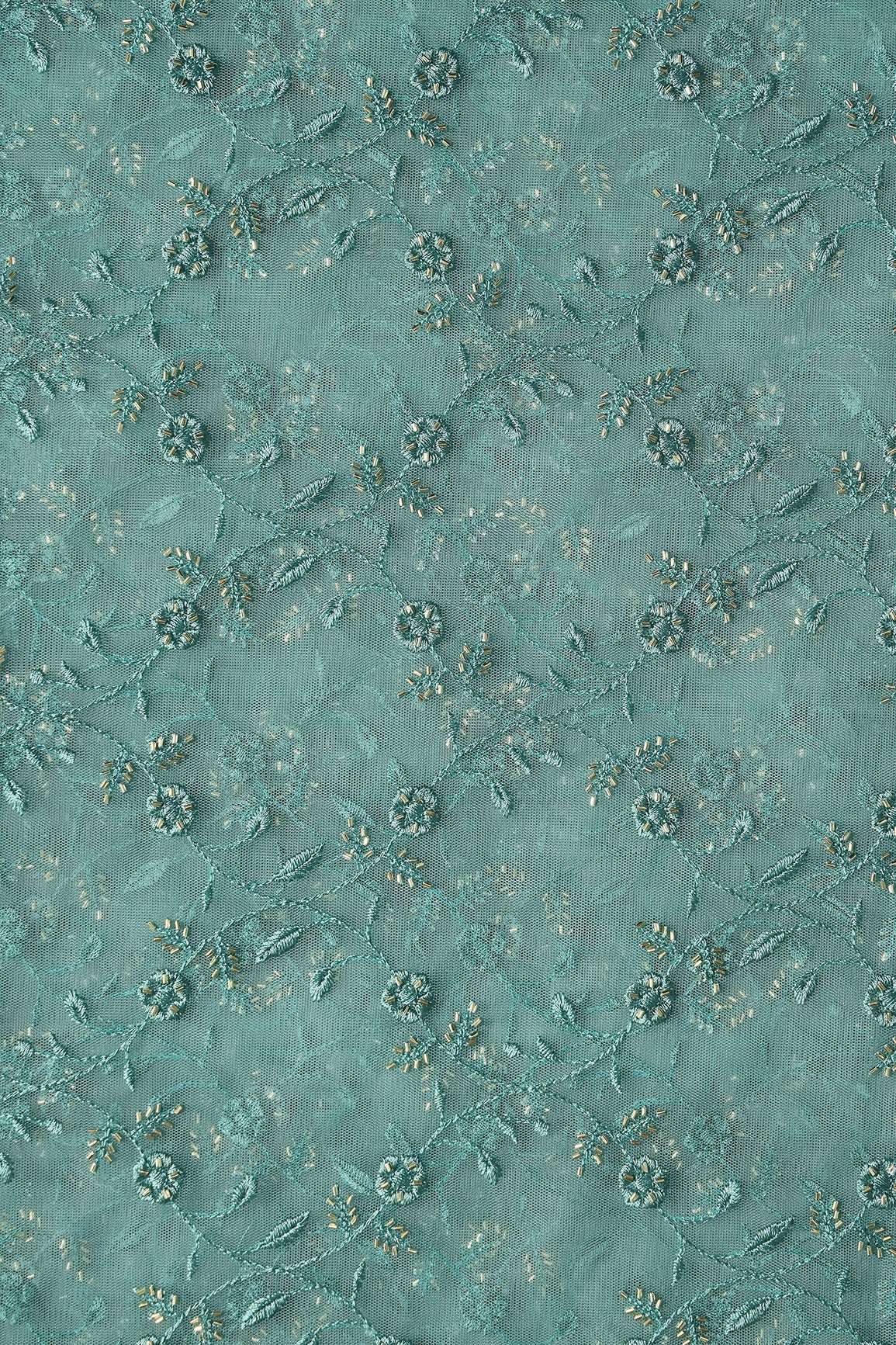 Teal Thread With Beads Floral Leafy Embroidery Work On Teal Soft Net Fabric - doeraa