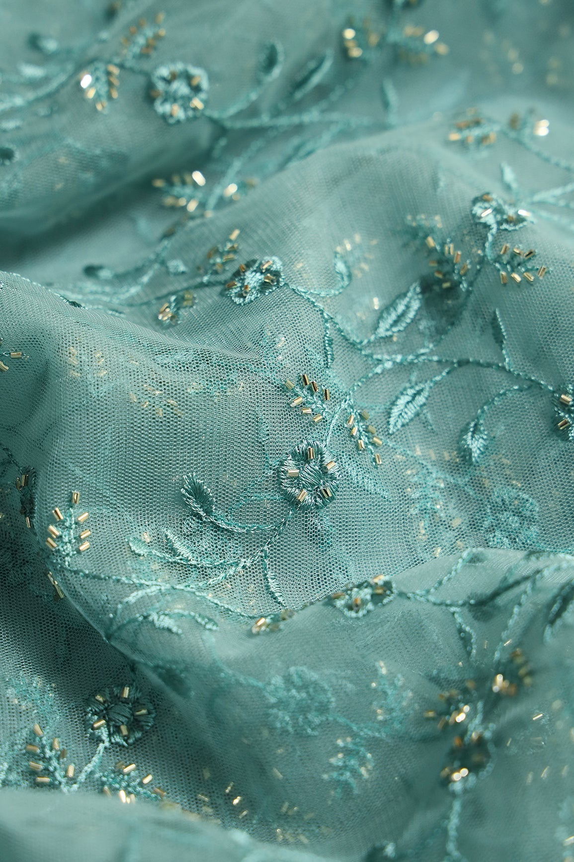 Teal Thread With Beads Floral Leafy Embroidery Work On Teal Soft Net Fabric - doeraa