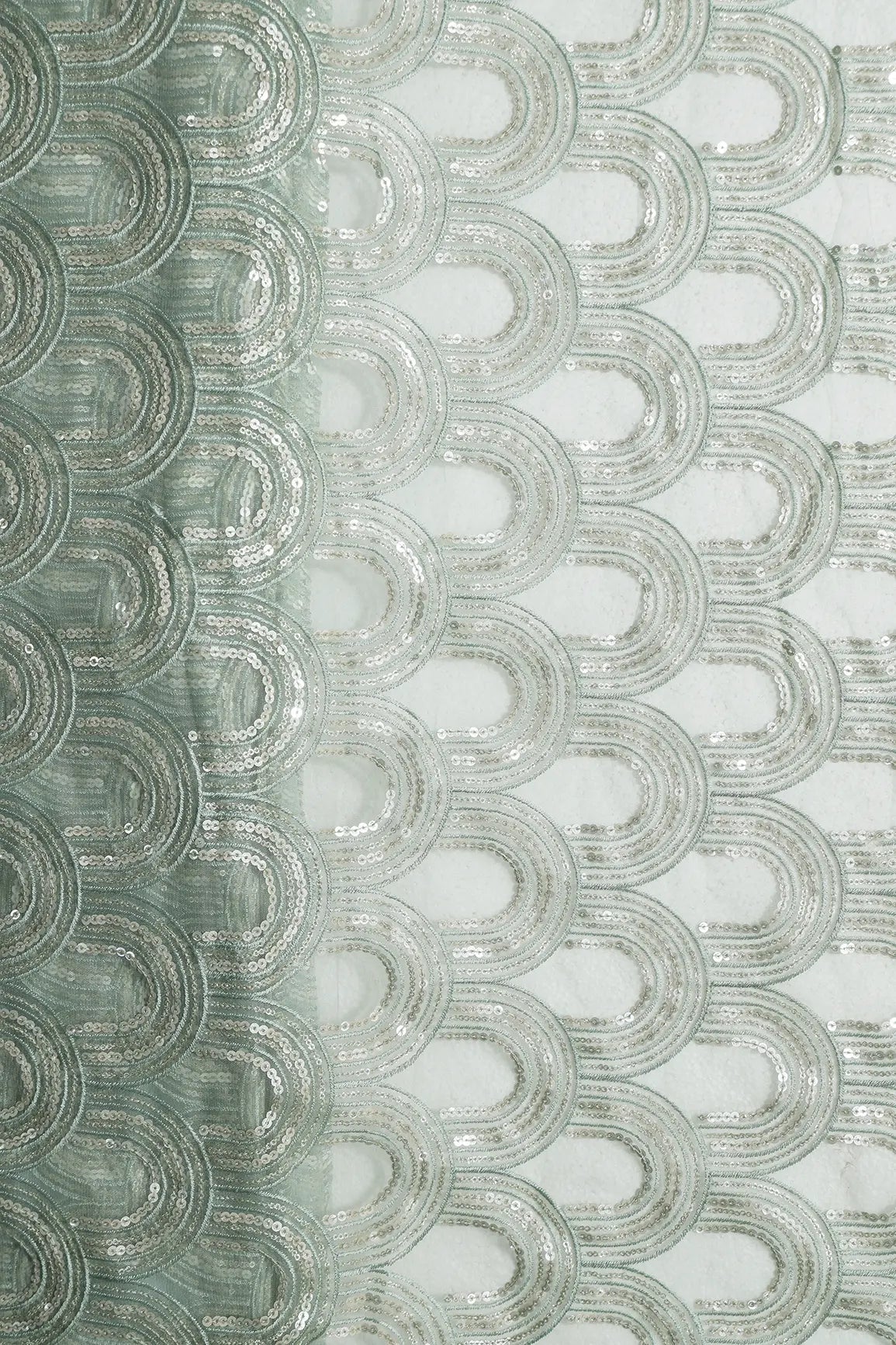 Teal Thread With Silver Sequins Abstract Embroidery Work On Teal Soft Net Fabric - doeraa