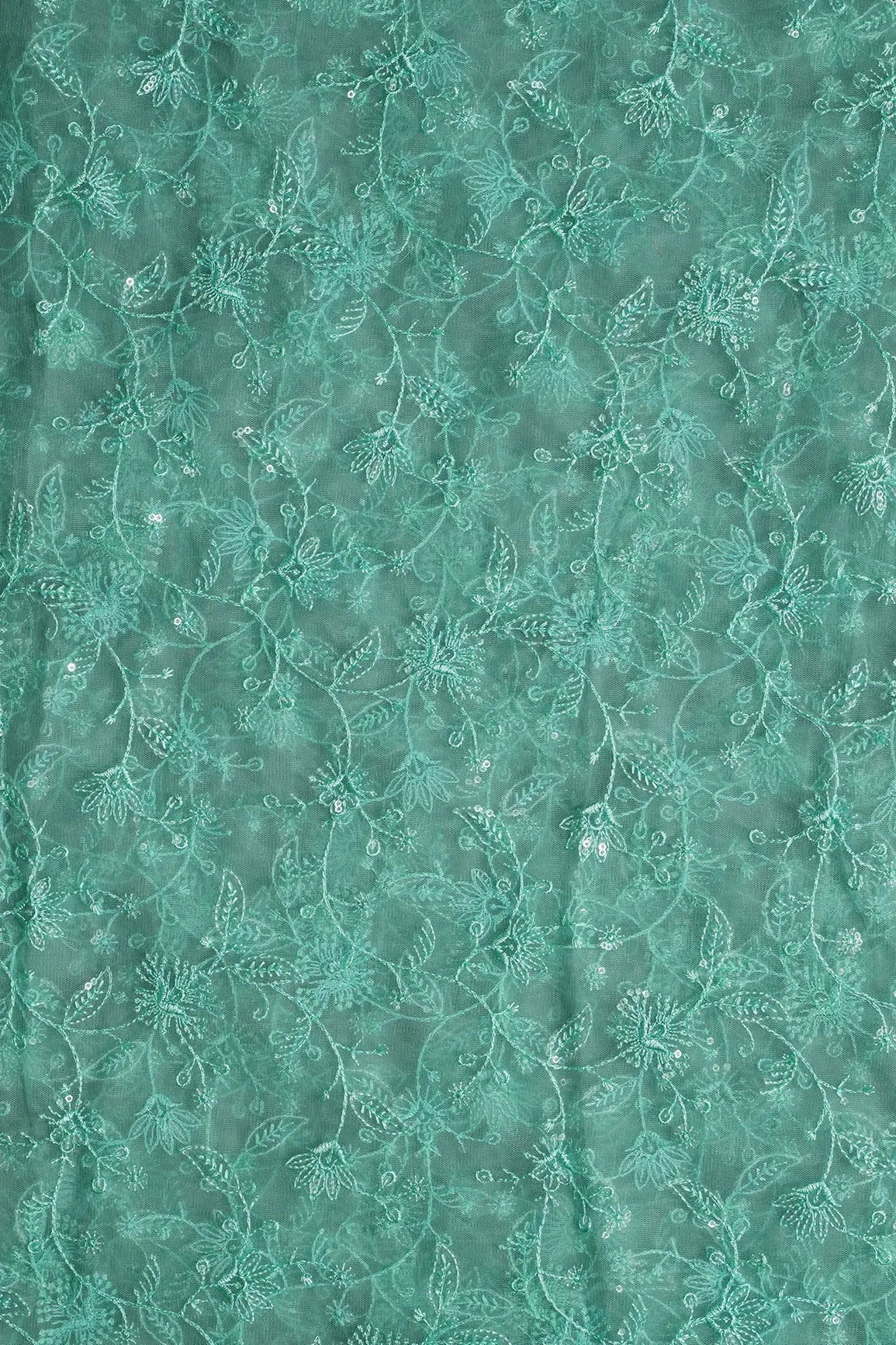 Teal Thread With Water Sequins Floral Embroidery On Teal Soft Net Fabric - doeraa