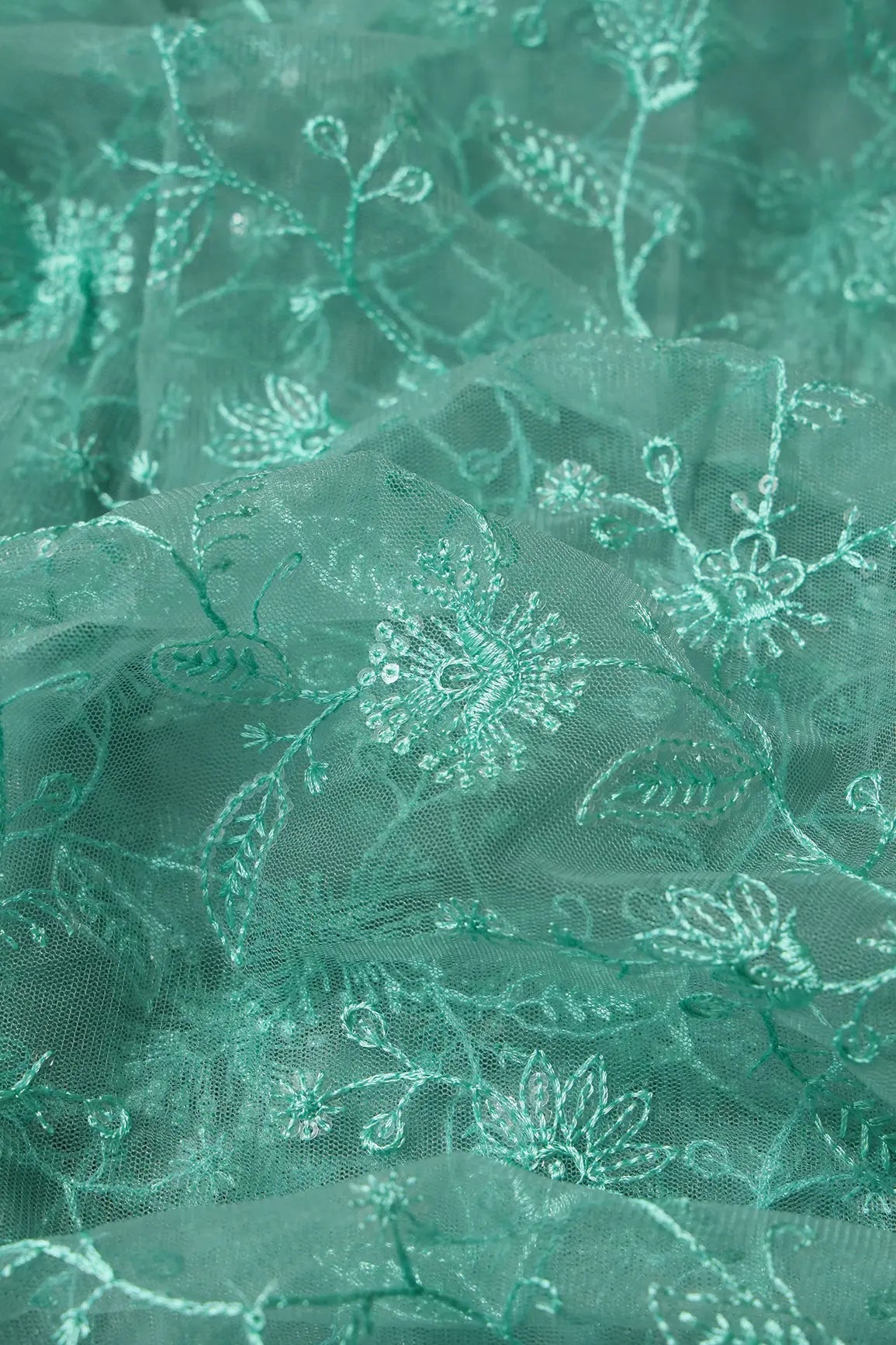 Teal Thread With Water Sequins Floral Embroidery On Teal Soft Net Fabric - doeraa