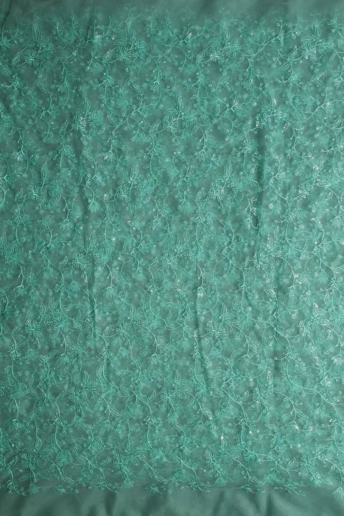 Teal Thread With Water Sequins Floral Embroidery On Teal Soft Net Fabric - doeraa