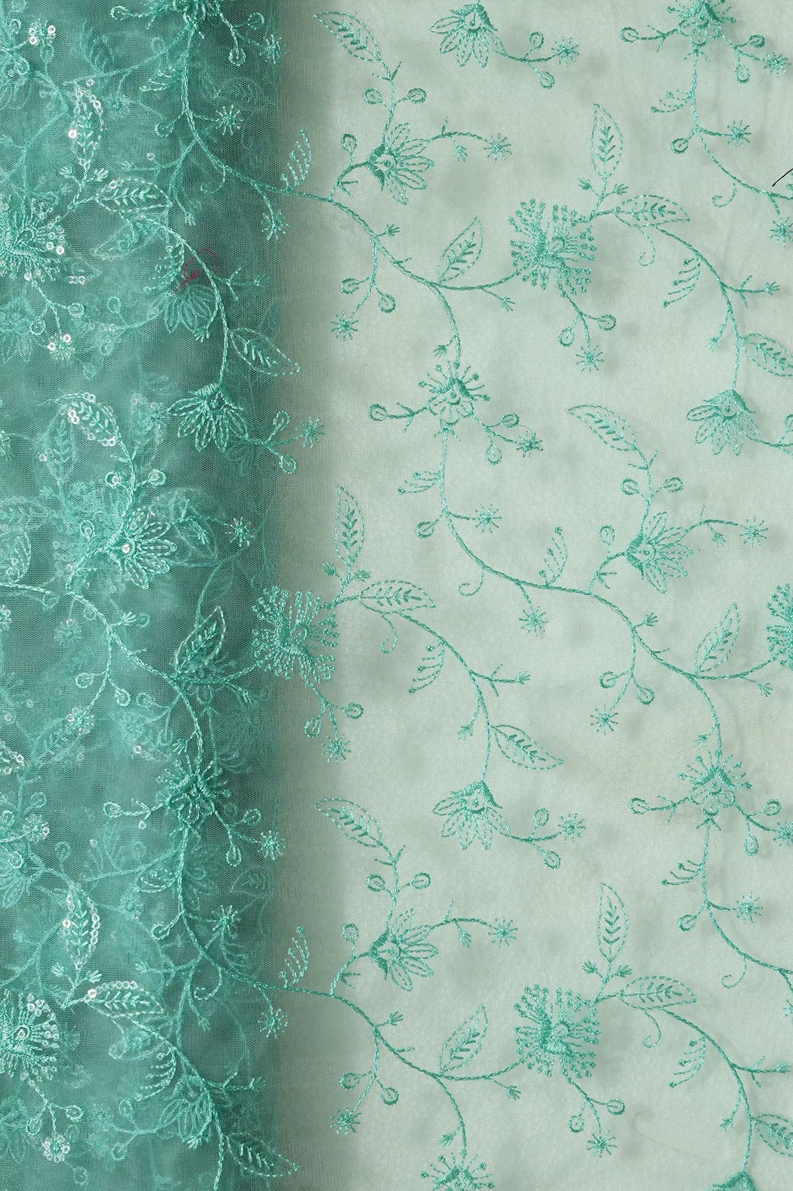 Teal Thread With Water Sequins Floral Embroidery On Teal Soft Net Fabric - doeraa