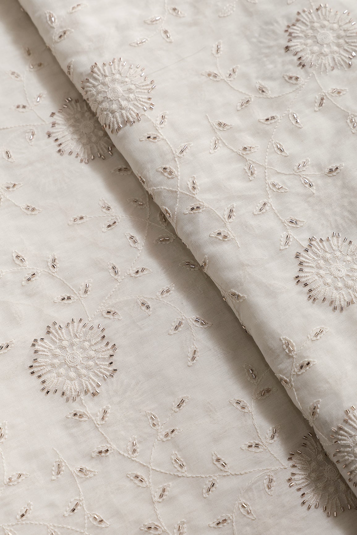 Thread With Beads Floral Embroidery Work On Off White Organic Cotton Fabric - doeraa