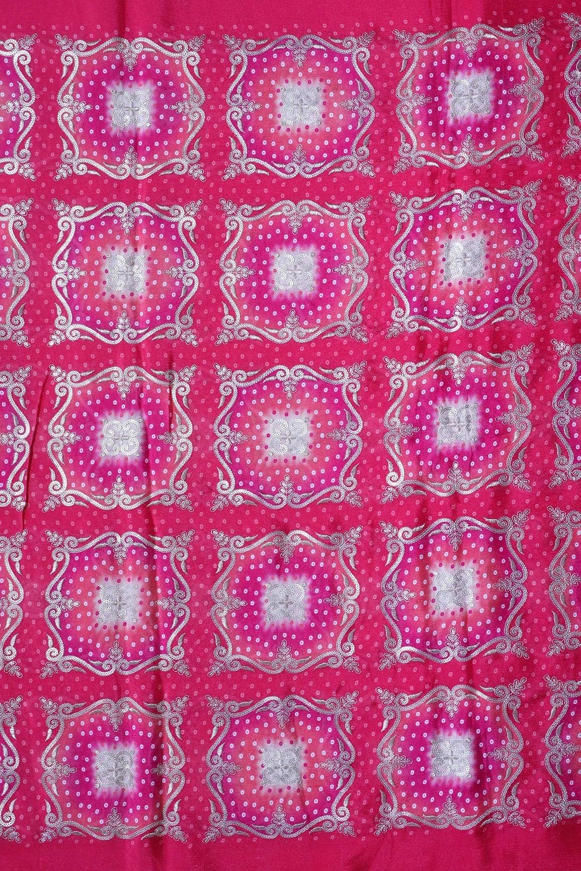 Trendy Bandhani Position Print On Sequins Embroidery Fuchsia Viscose Chinnon Chiffon Fabric - doeraa