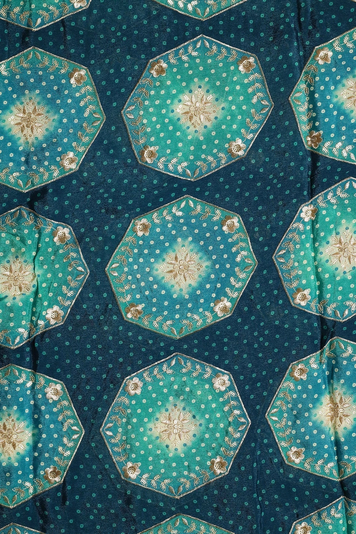 Trendy Bandhani Position Print On Sequins Embroidery Prussian Blue Viscose Chinnon Chiffon Fabric - doeraa