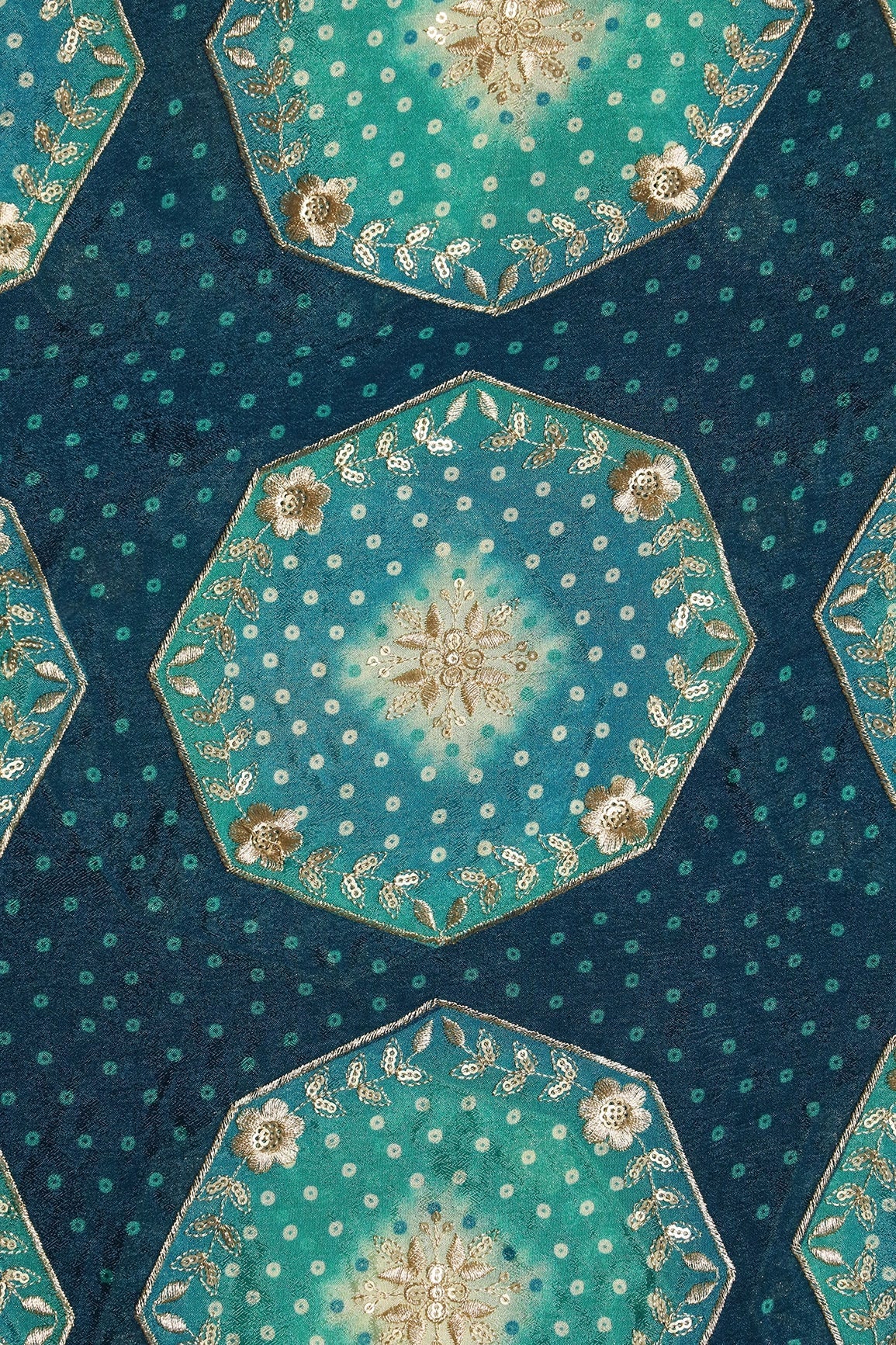 Trendy Bandhani Position Print On Sequins Embroidery Prussian Blue Viscose Chinnon Chiffon Fabric - doeraa