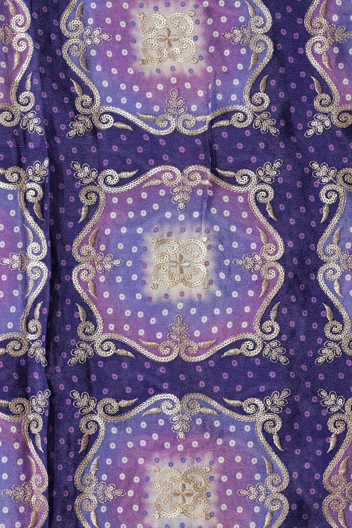 Trendy Bandhani Position Print On Sequins Embroidery Purple Viscose Chinnon Chiffon Fabric - doeraa