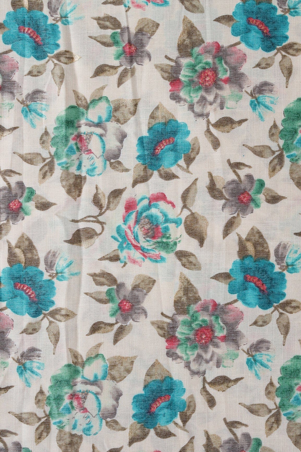 Turquoise And Green Floral Pattern With Foil Print On Off White Pure Rayon Fabric - doeraa