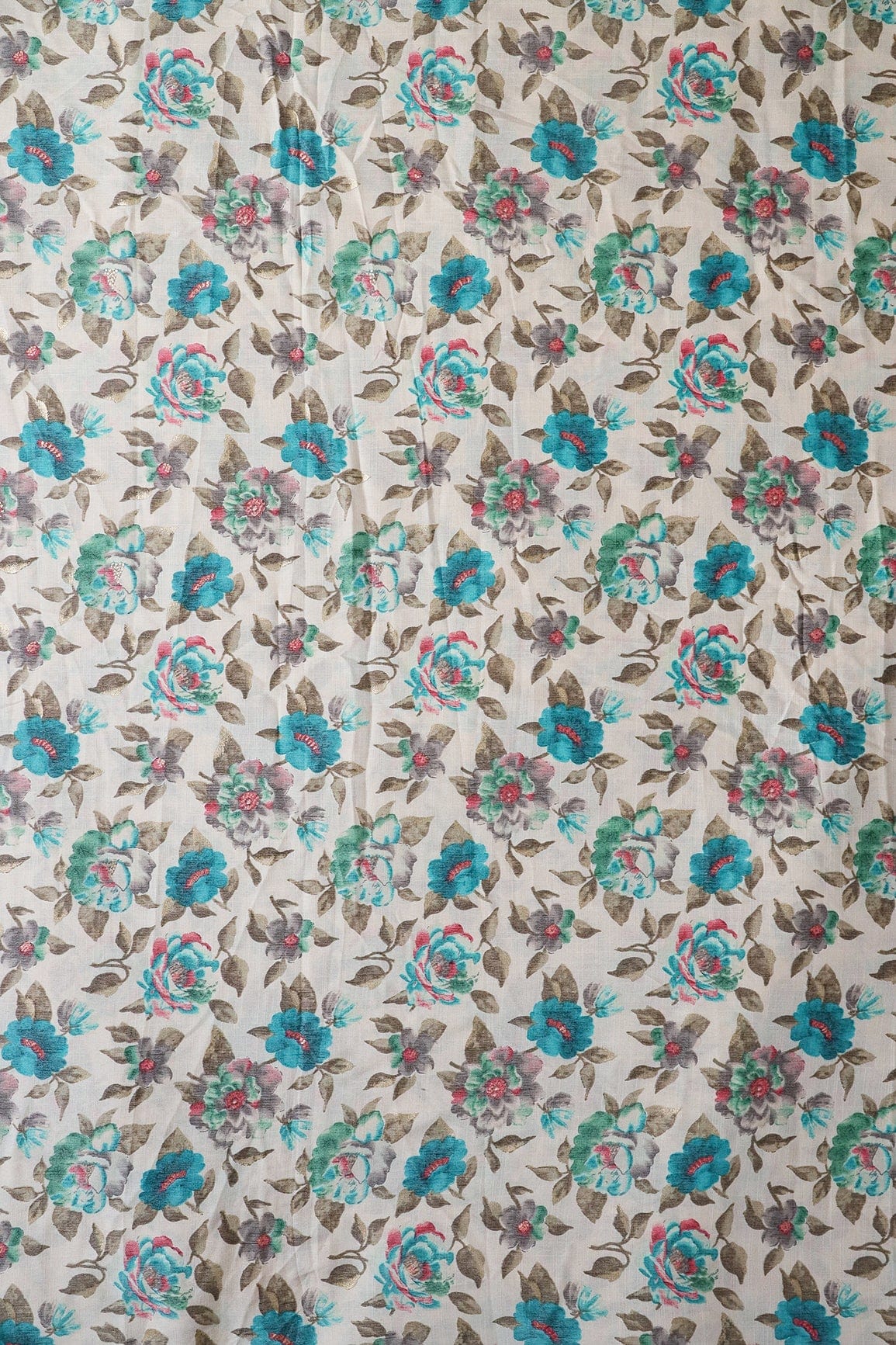 Turquoise And Green Floral Pattern With Foil Print On Off White Pure Rayon Fabric - doeraa