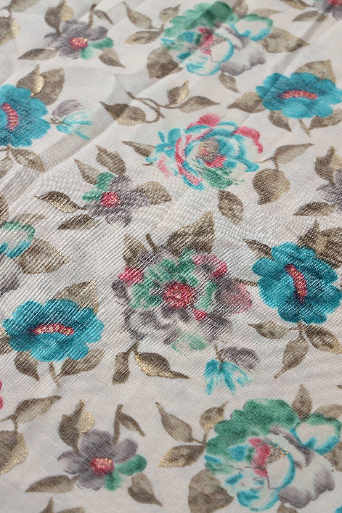 Turquoise And Green Floral Pattern With Foil Print On Off White Pure Rayon Fabric - doeraa