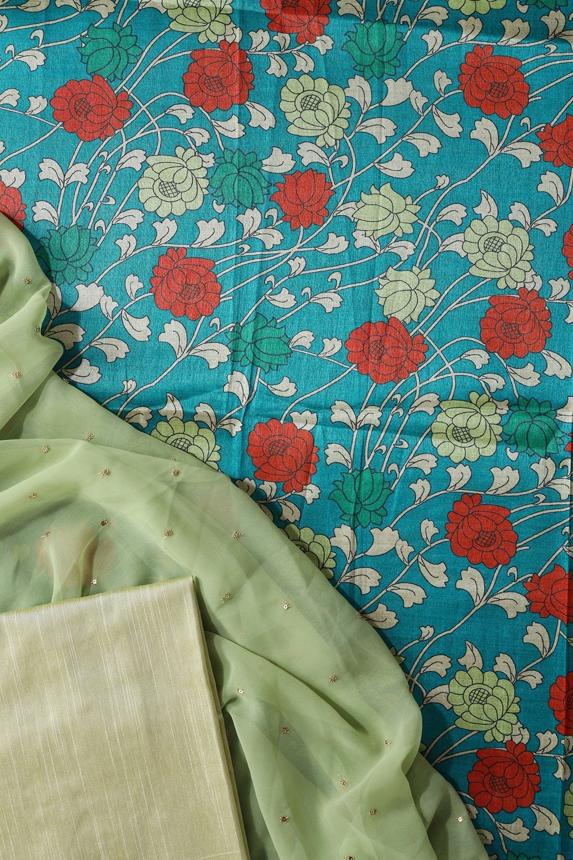 Turquoise And Olive Unstitched Suit (3 Piece) - doeraa