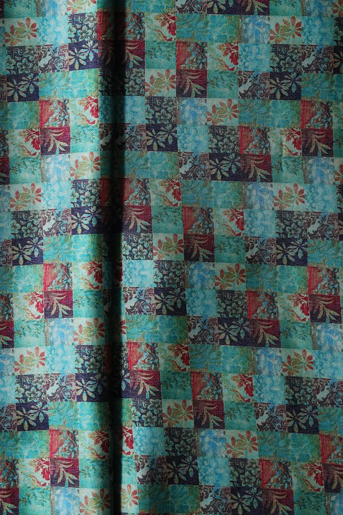 Turquoise And Red Floral Checks Pattern Digital Print On Satin Fabric - doeraa