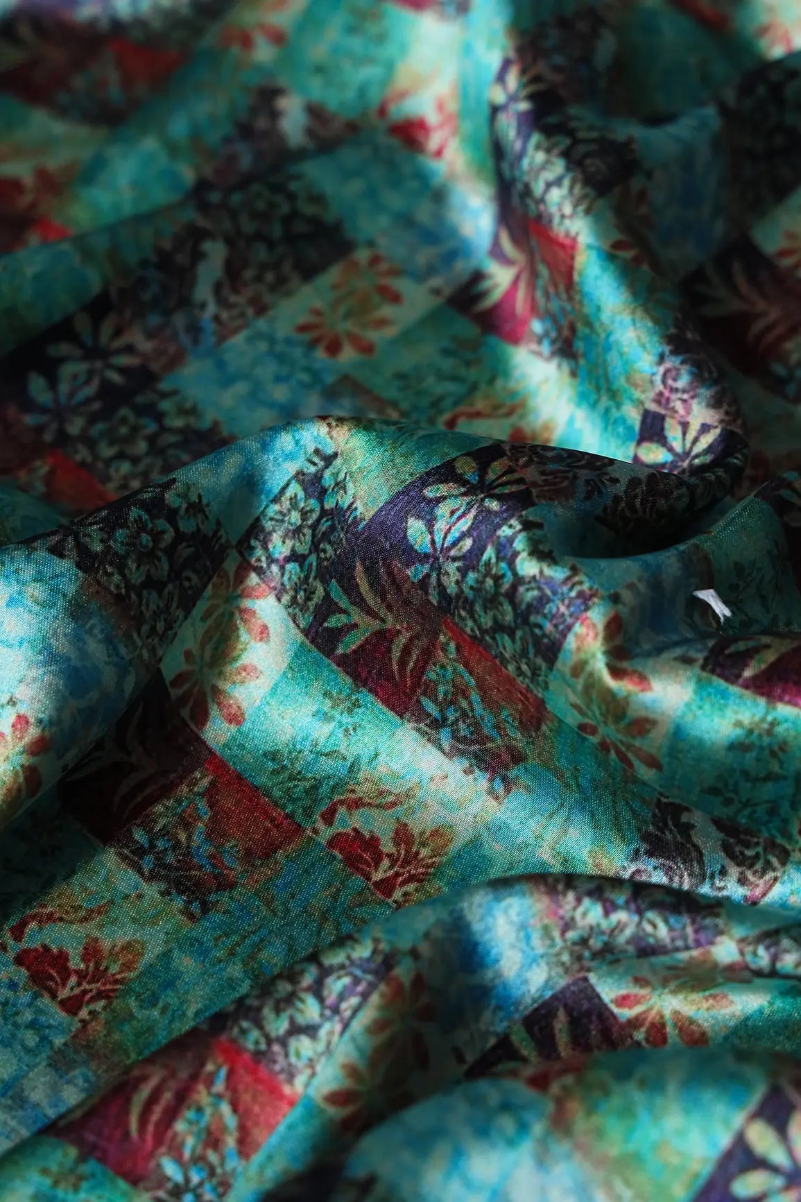 Turquoise And Red Floral Checks Pattern Digital Print On Satin Fabric - doeraa