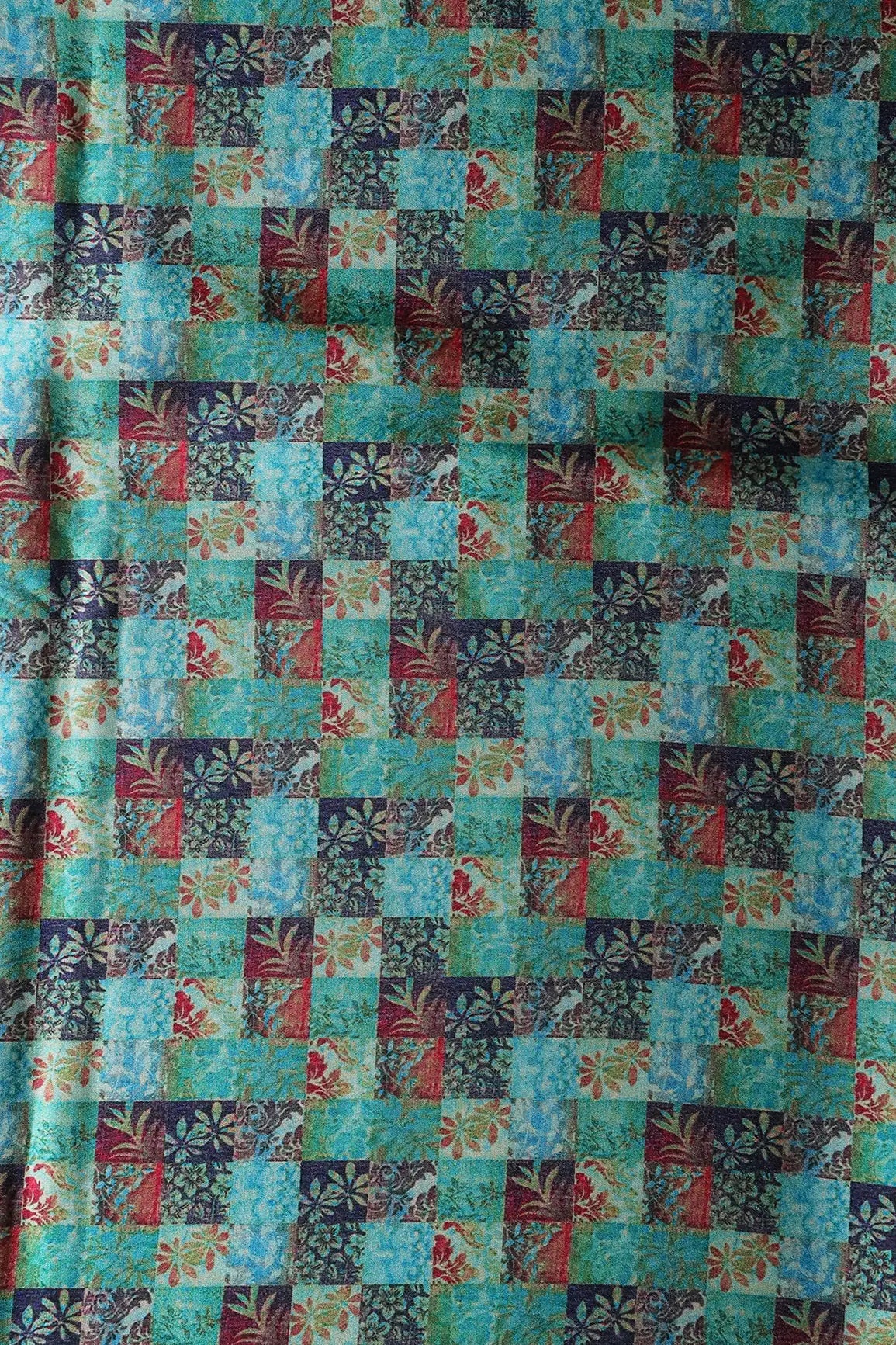 Turquoise And Red Floral Checks Pattern Digital Print On Satin Fabric - doeraa