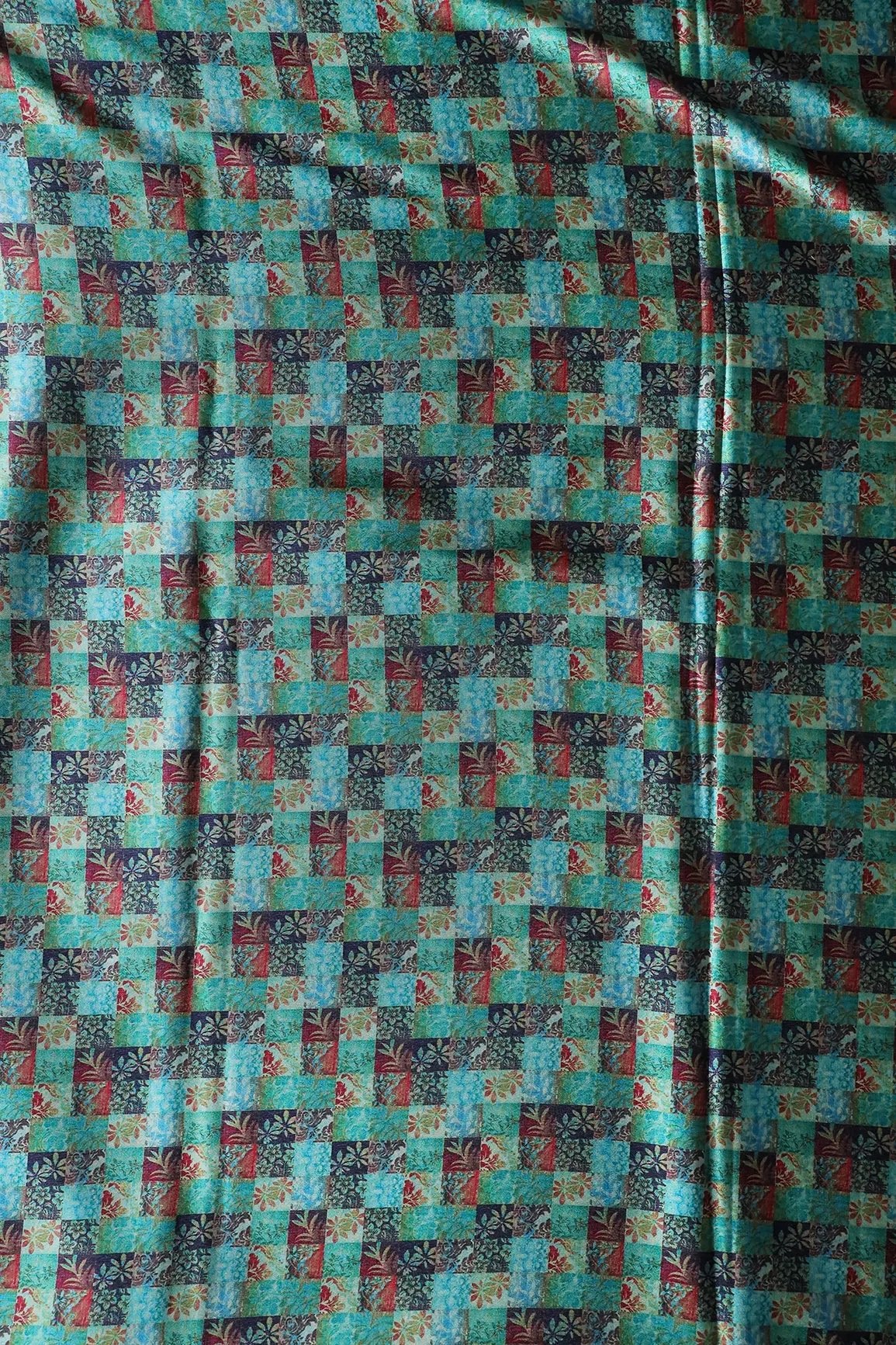 Turquoise And Red Floral Checks Pattern Digital Print On Satin Fabric - doeraa
