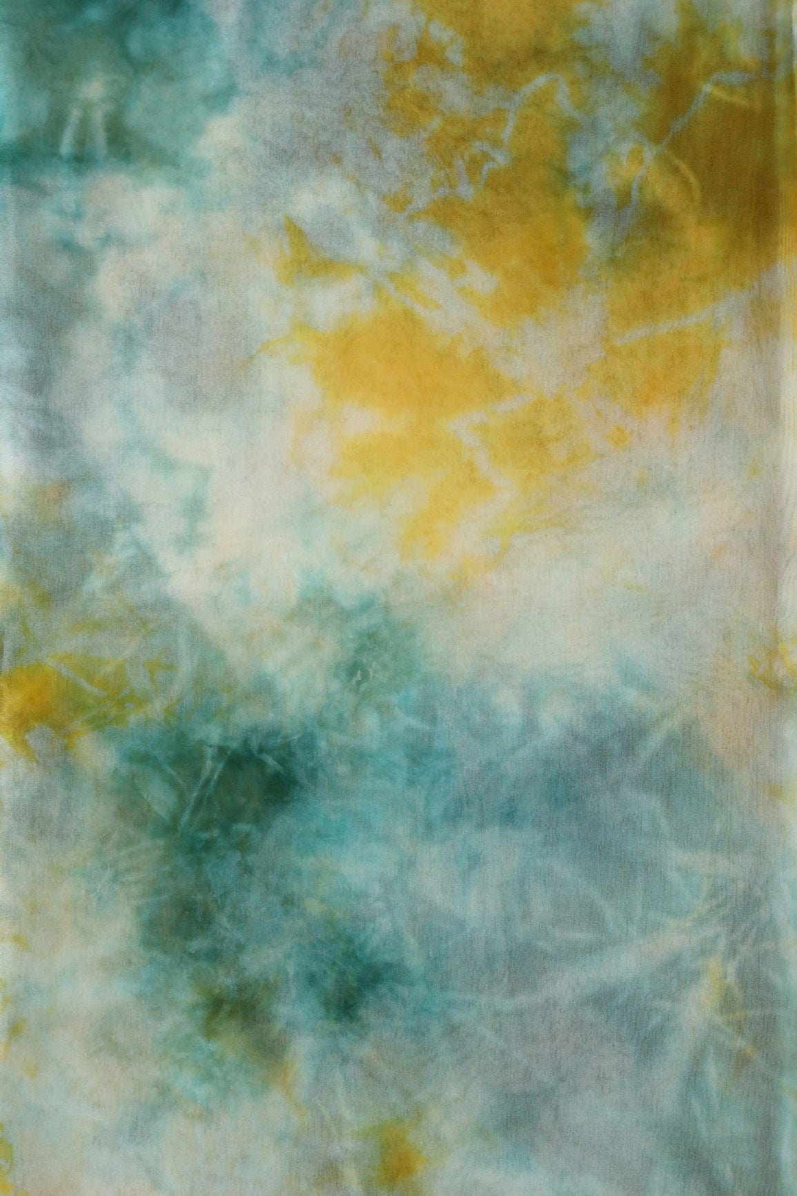 Turquoise And Yellow Tie & Dye Shibori Print On Organza Fabric - doeraa