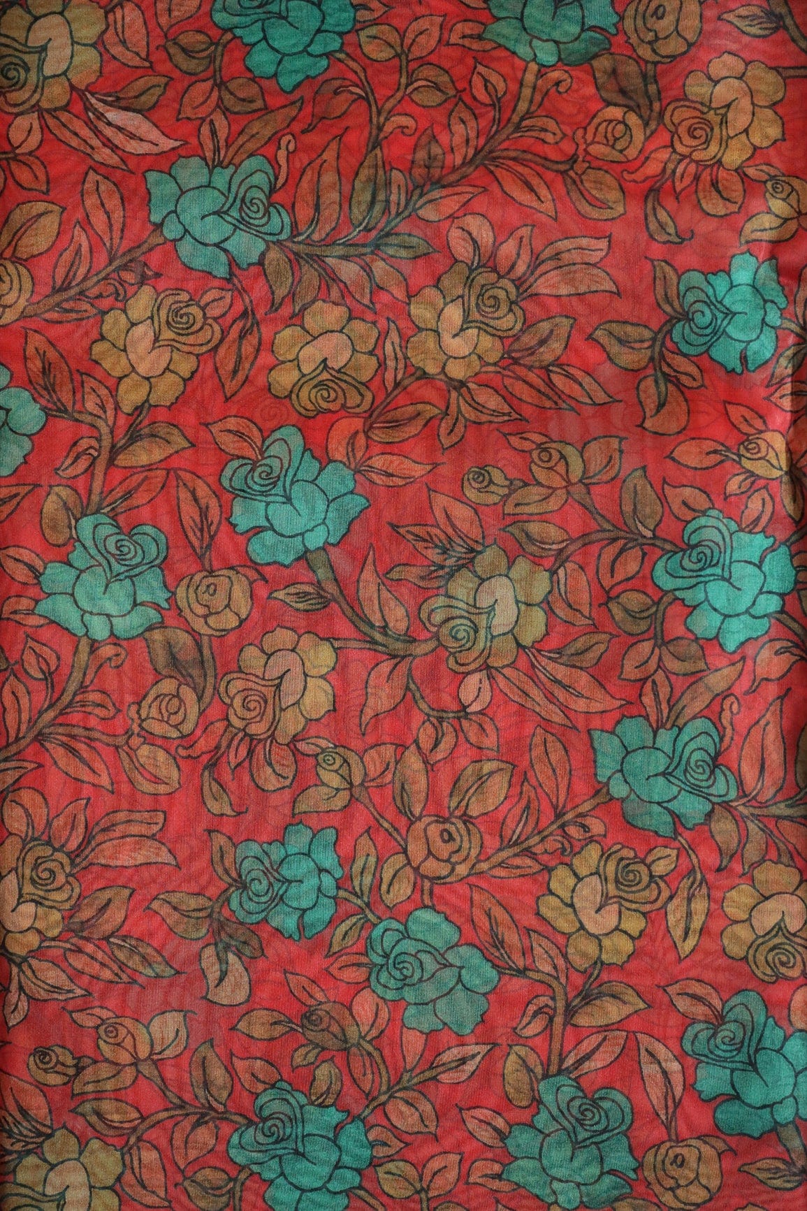 Turquoise Floral Digital Print On Red Organza Fabric - doeraa