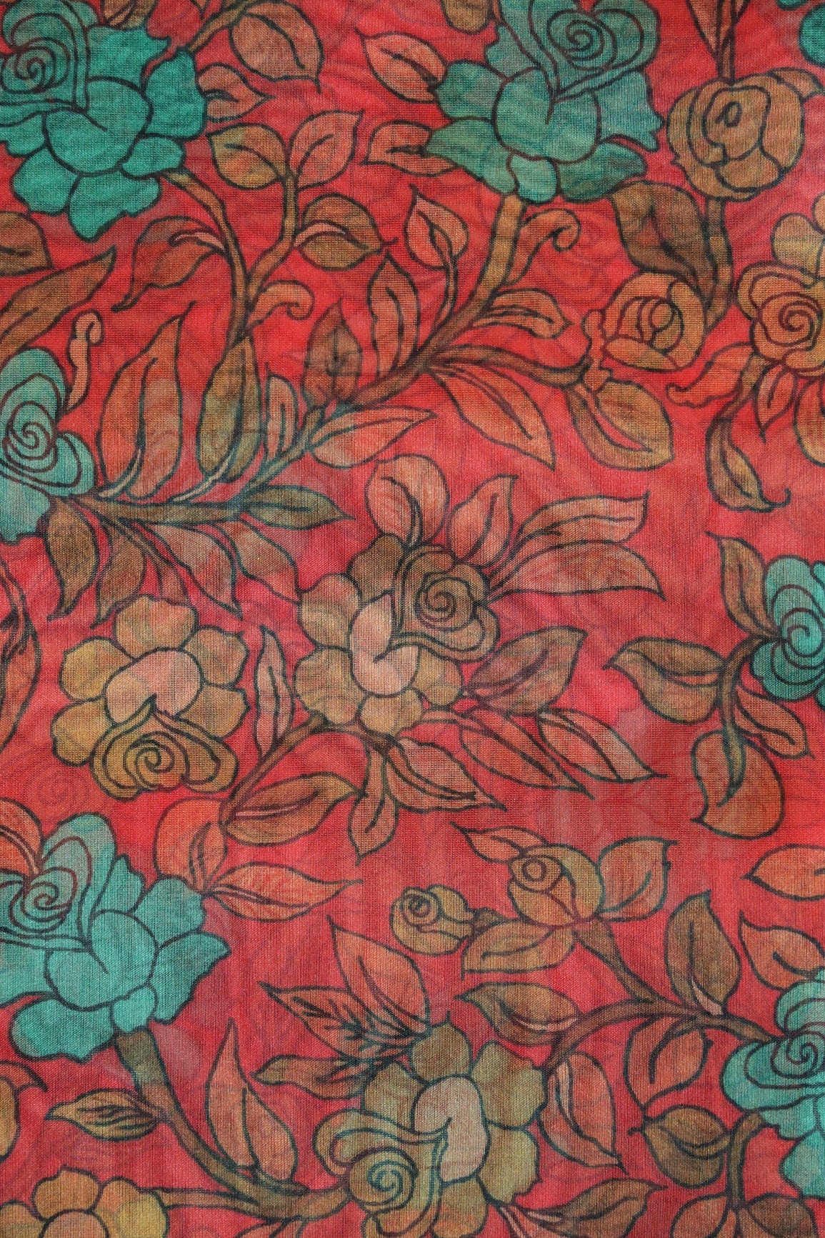 Turquoise Floral Digital Print On Red Organza Fabric - doeraa