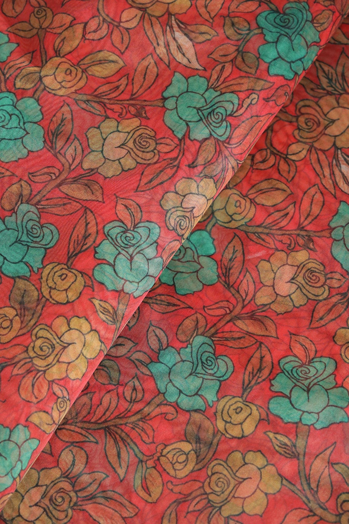Turquoise Floral Digital Print On Red Organza Fabric - doeraa