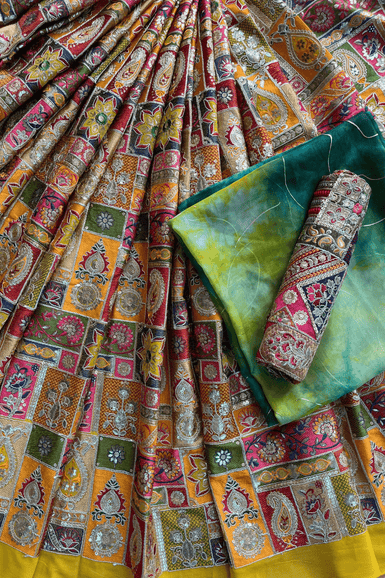 Yellow And Green Unstitched Lehenga Set Fabric (3 Piece)