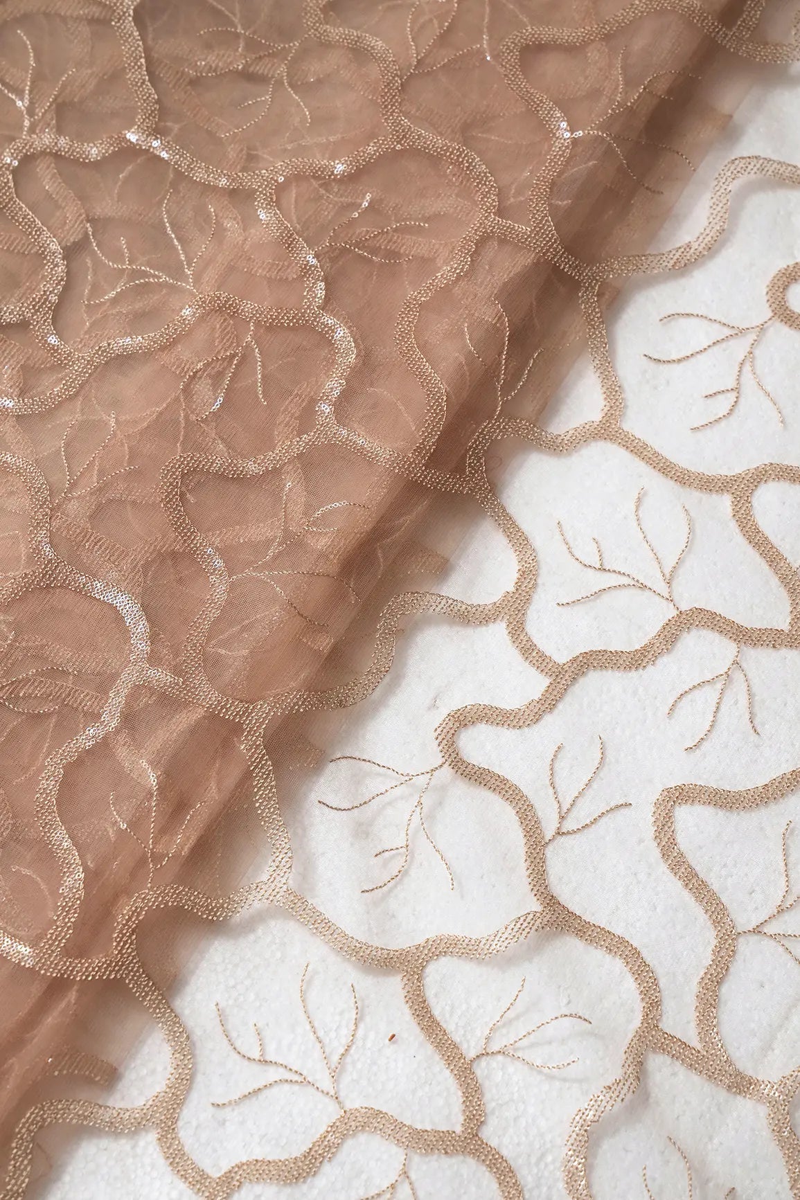 Water Sequins Abstract Embroidery On Beige Soft Net Fabric - doeraa