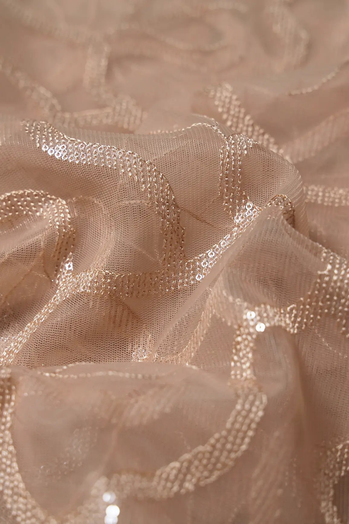 Water Sequins Abstract Embroidery On Beige Soft Net Fabric - doeraa