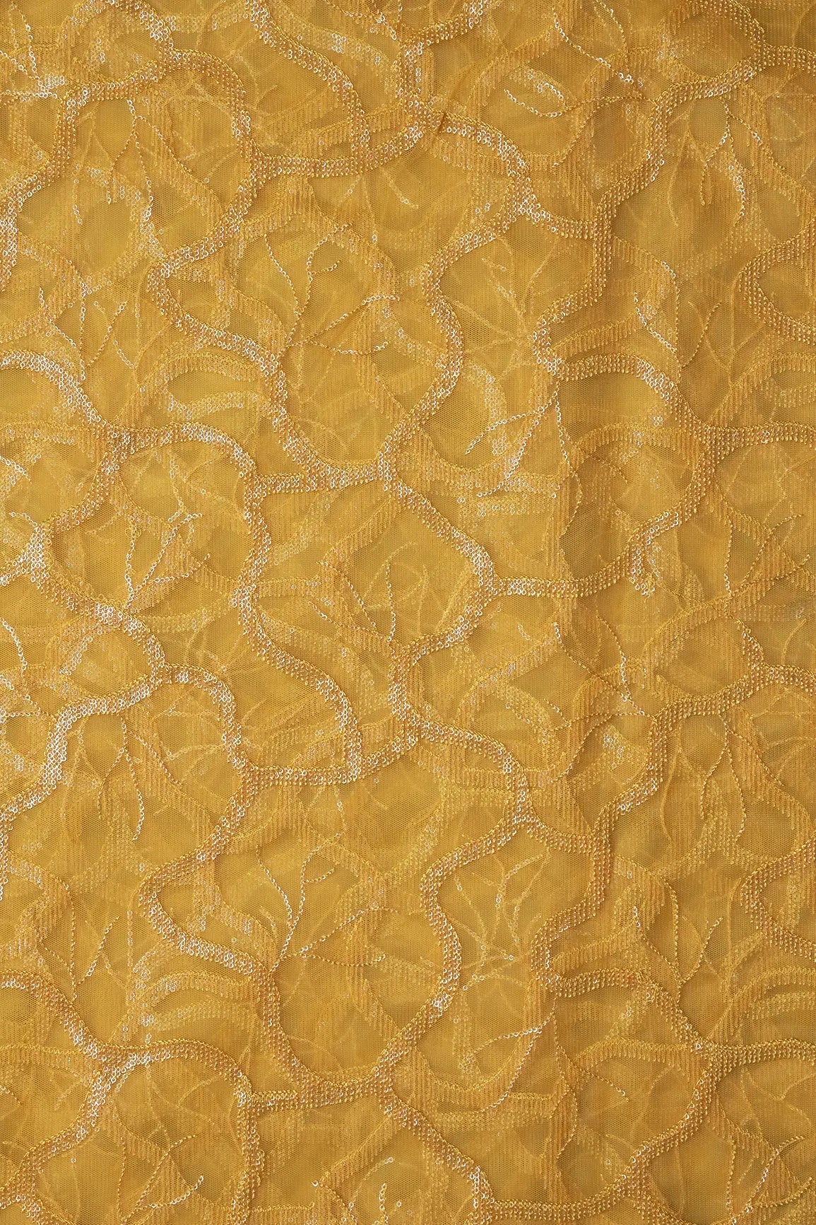 Water Sequins Abstract Embroidery On Yellow Soft Net Fabric - doeraa