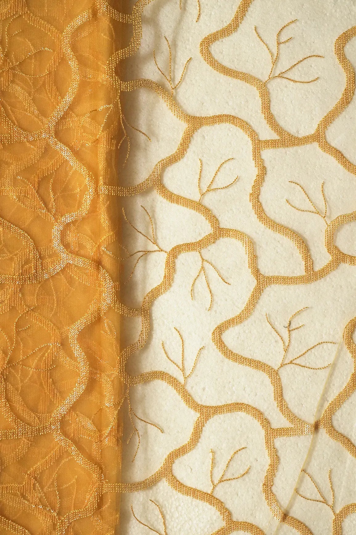 Water Sequins Abstract Embroidery On Yellow Soft Net Fabric - doeraa