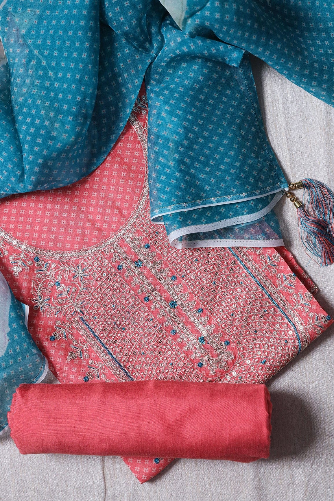 Watermelon Pink Semi Stitched Pure Dola Silk Suit Set (3 piece) - doeraa