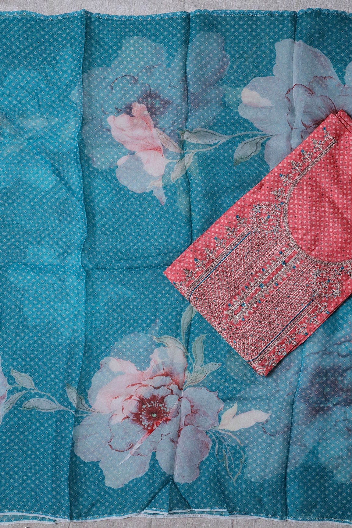 Watermelon Pink Semi Stitched Pure Dola Silk Suit Set (3 piece) - doeraa